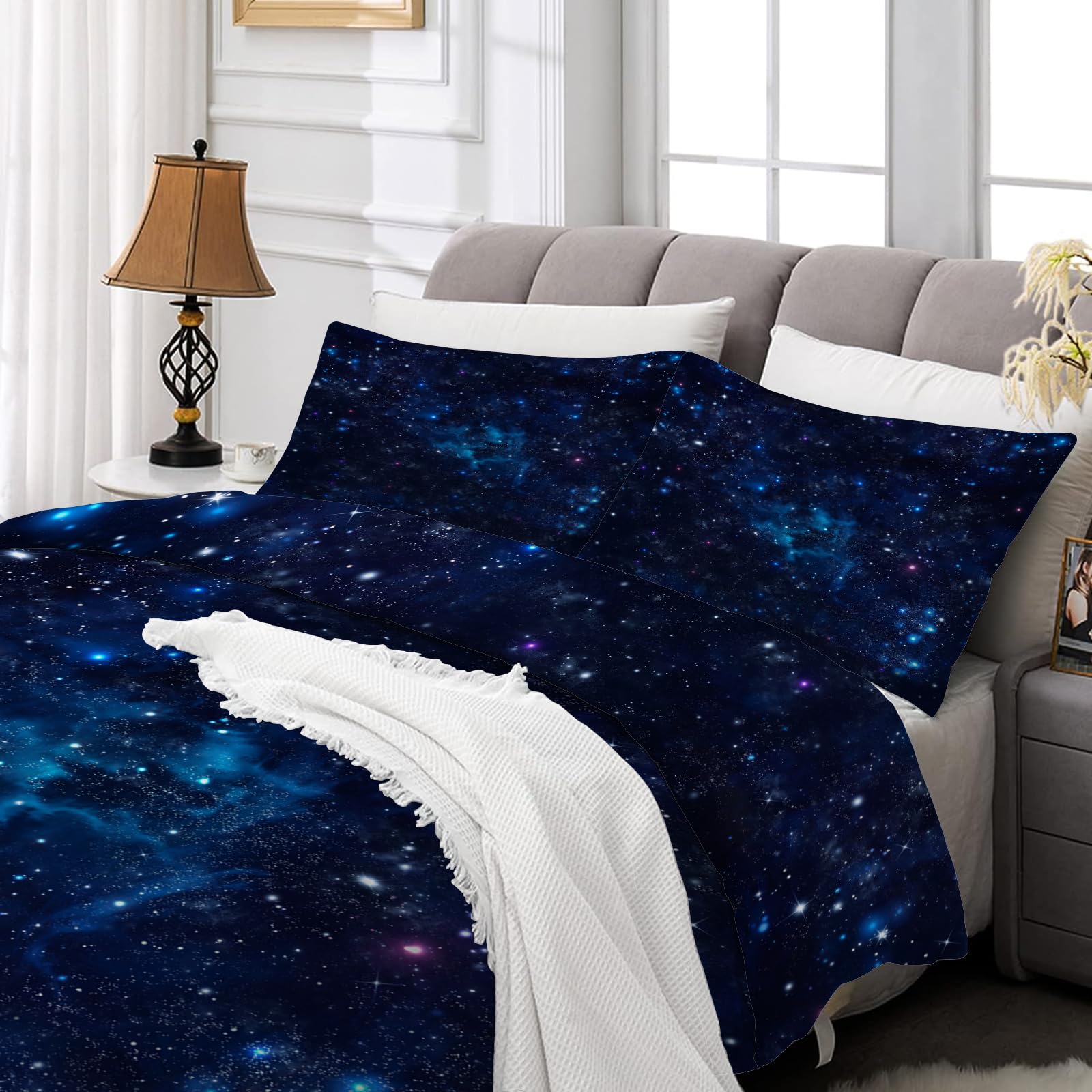Blauer Sternenhimmel Bettdecke 135x200, 4 Jahreszeiten Galaxie Steppdecke | Vierjahreszeiten Bettdecke ohne Bezug, Universum, Warme Ganzjahresdecke, Waschbar Schlafdecke mit 2 Kissenbezug 80x80 cm