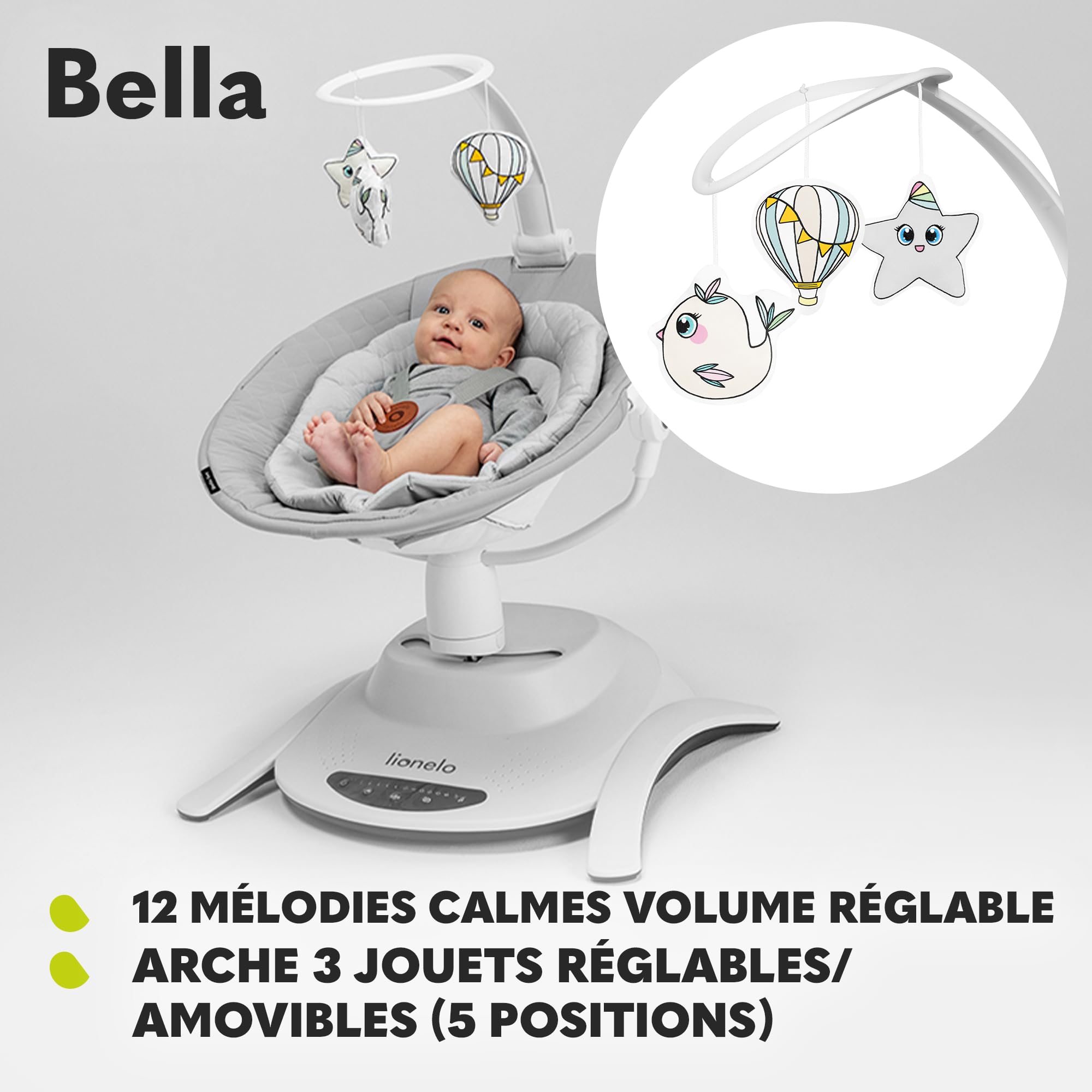 LIONELO Bella Balancelle Bebe Electrique Pivotante à 360° pour les Bébés jusqu'à 9 kg, Dossier Réglable, 5 Vitesses de Balancement, Ceintures de Sécurité, Détection de Mouvement, Antidérapante