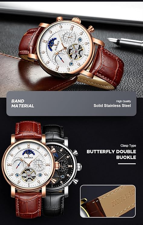 Mens Leather Watches Automatic Mechanical Skeleton Tourbillon Moon Phase Waterproof Luminous Diamond Luxury Self Winding Dress Wrist Watches