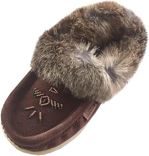 Women's Choco Suede Slippers with Rabbit Fur Collar Moccasins