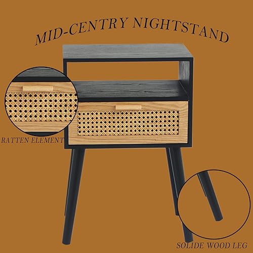 Miniatura 7 de MaxSmeo Mesita de noche de estilo mitad de siglo moderna con estación de carga, mesas de noche con cajón de ratán, mesita de noche pequeña de madera