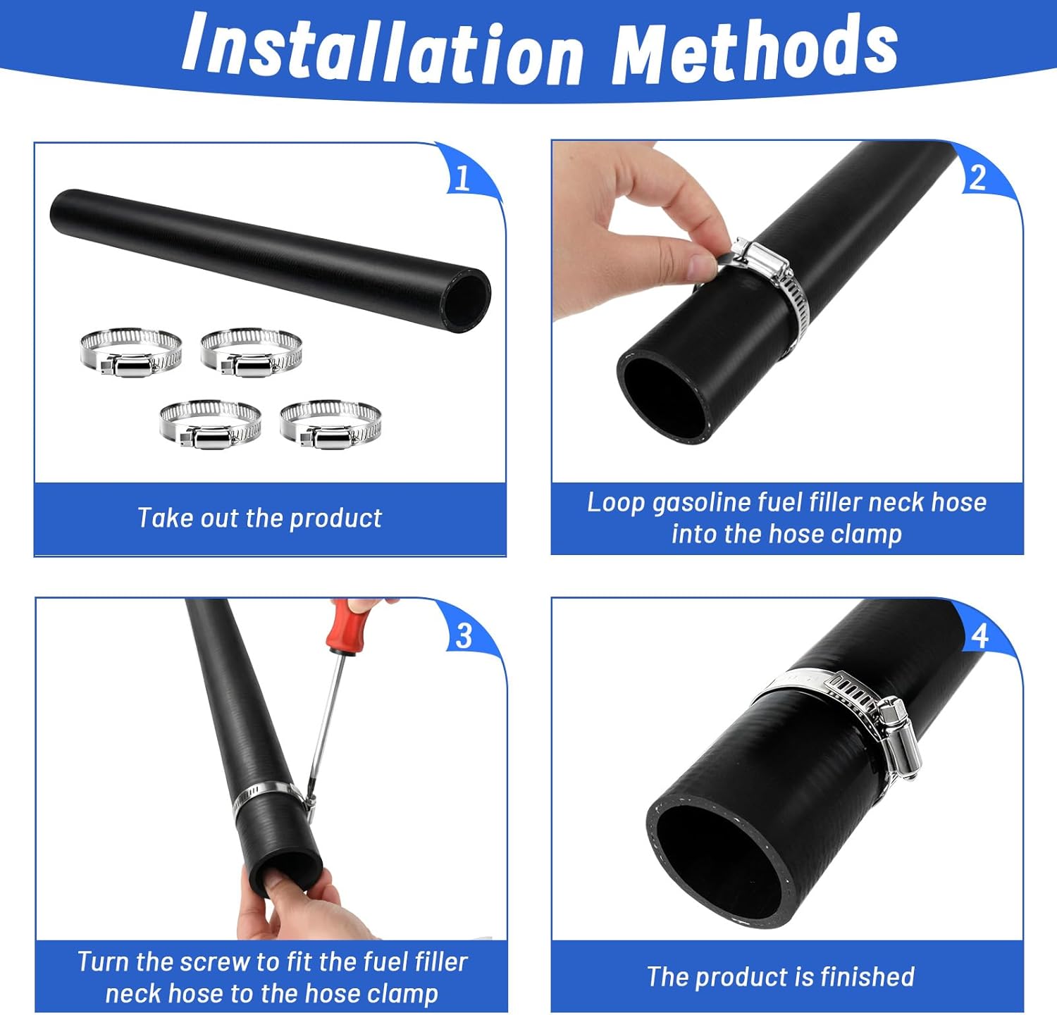 2 PCS Reinforced Gasoline Fuel Filler Neck Hose with 8 Clamps Set, 1 1/2" ID, 15 7/8" Long Straight Fuel Hose Gas Tank Filler Hose Replacement