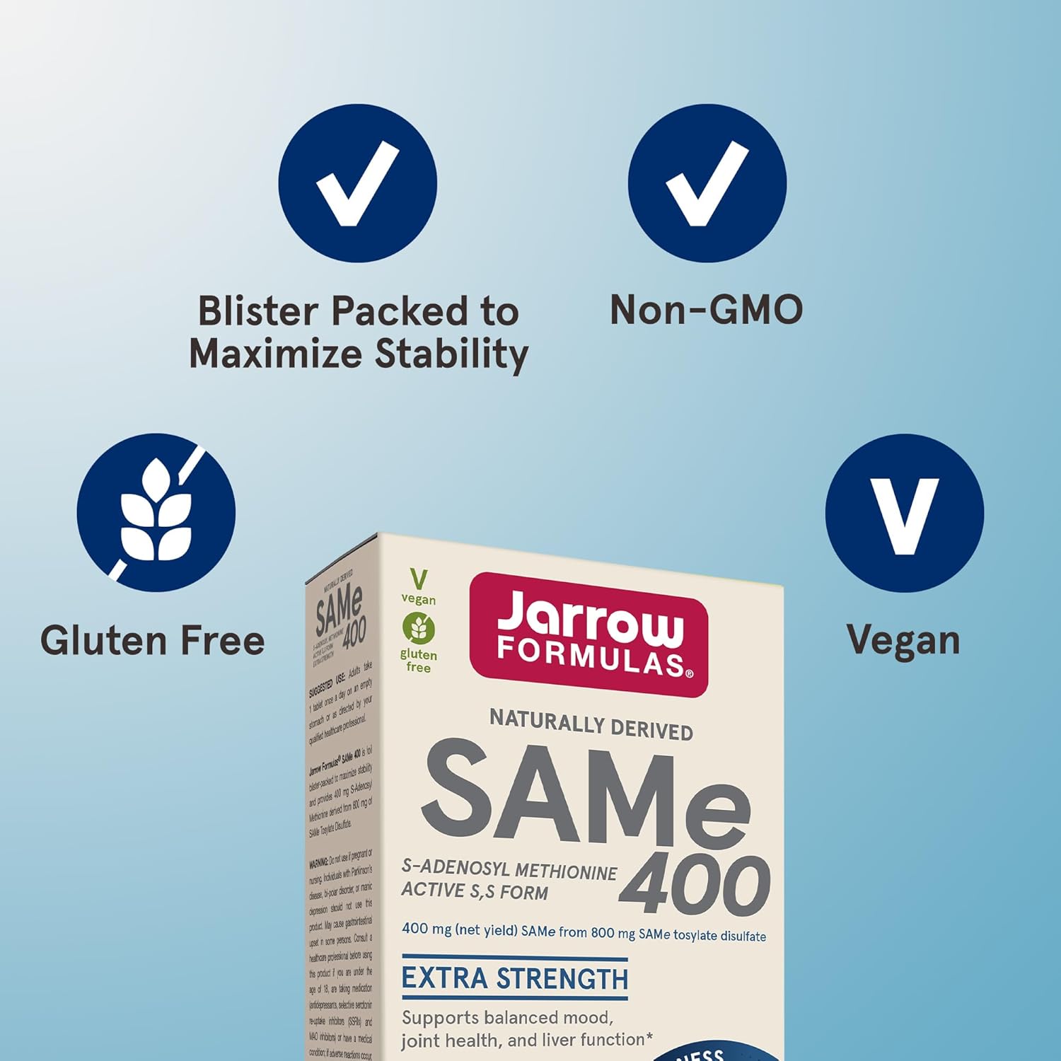 Jarrow Formulas SAMe Supplement 400 mg - 30 Tablets - High Concentration of Active S,S Form - Supports Joint Health, Liver Function, Brain Metabolism, Balanced Mood & Antioxidant Defense - 30 Servings