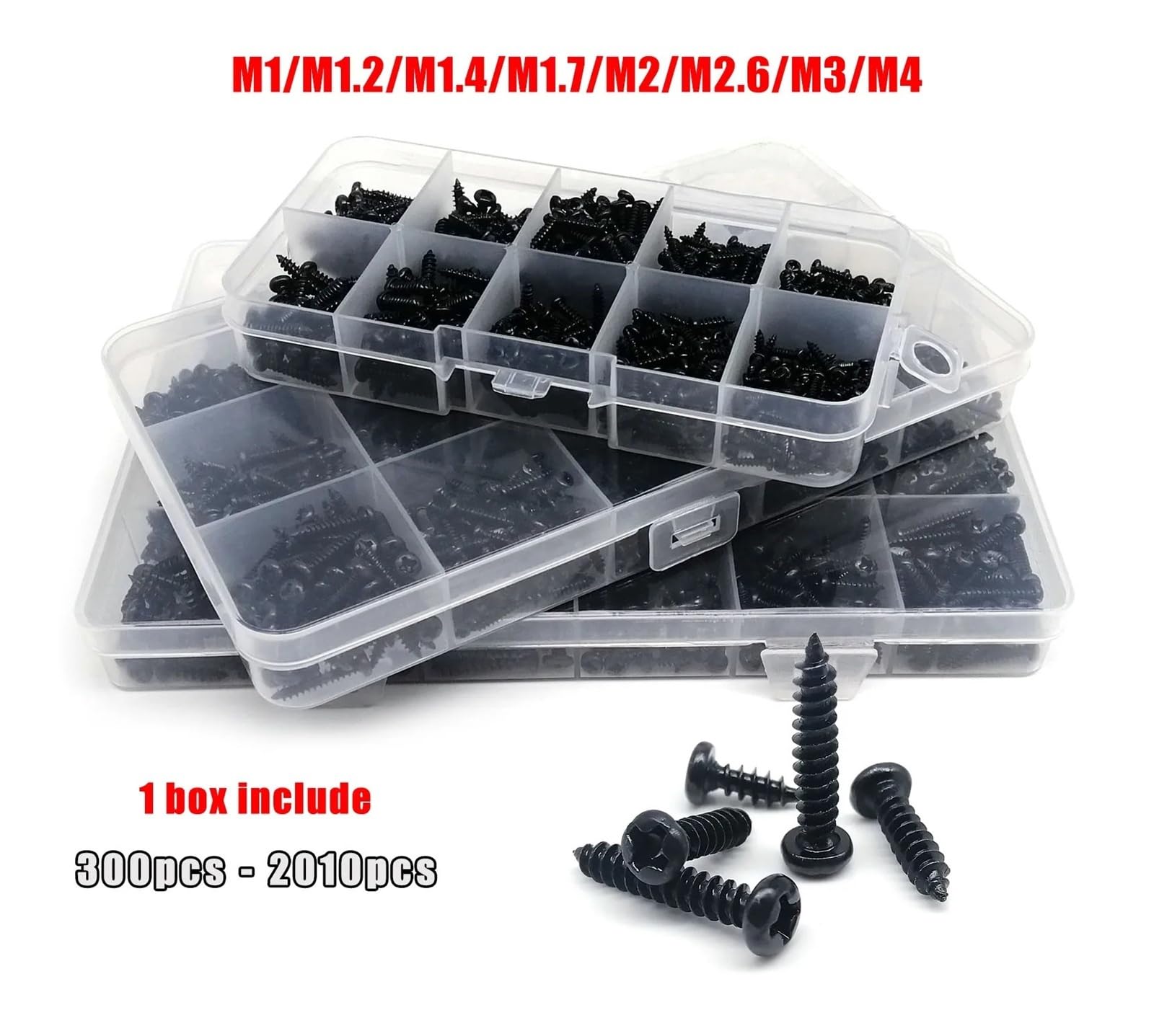 1 Kit Schwarz Stahl Pan Kreuz Rundkopf Selbstschneidende Holzschraube Mix M1 M1.2 M1.4 M1.7 M2 M2.6 M3 M4 Sortiment Set(Set D 2010pcs)