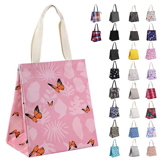 Iknoe Lunch Bag Insulated Lunch Bags for Women Men Kids Reusable Lunch Tote Portable Adult Thermal Large Lunch Cooler for School Work Picnic pink butterflies