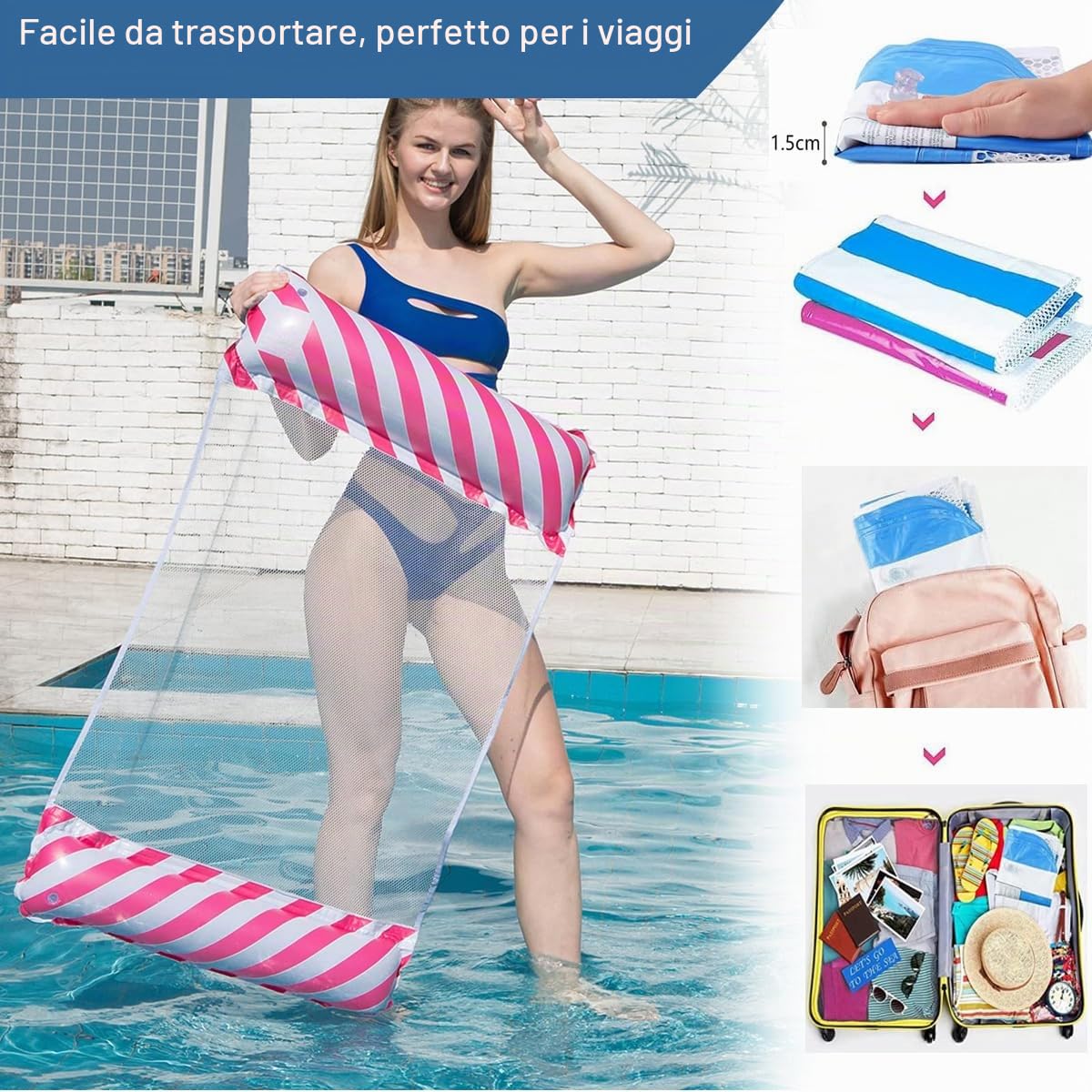 2 Pack,Gonfiabile Letto Galleggiante,4 in 1 Amaca di Acqua Materassino,amaca piscina galleggiante,materassino con rete,amaca mare,Piscina Amaca Galleggiante Mare Poltrona Galleggiante,