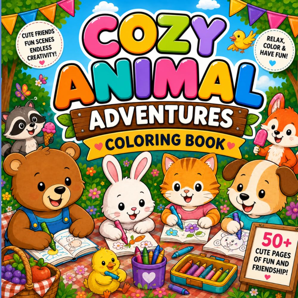 Cozy Animal Adventures Coloring Book: Cute Friends, Happy Moments and Fun Adventures!