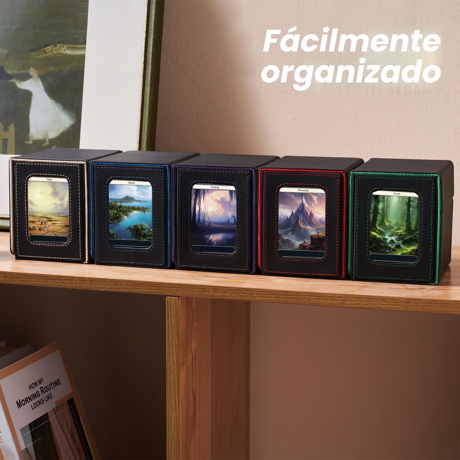 Mage Tech Caja de Mazos Commander para MTG - Diseño Patentado, Exhibición de Commander, Apta para 100 Cartas con Doble Funda, Soporte Magnético de Cartas de 35pt & Bandeja para Dados - Oscuro/Naranja