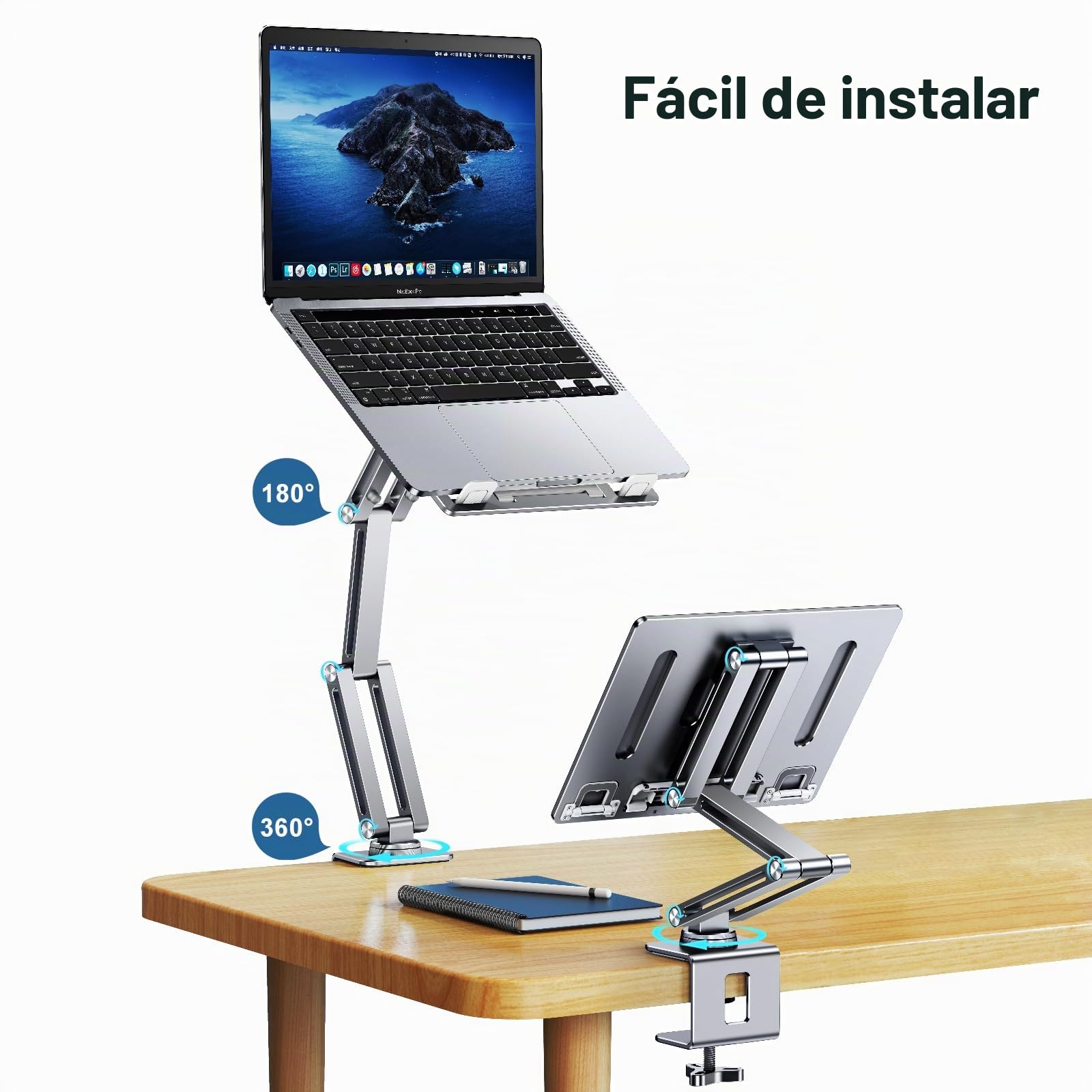 Soporte para computadora portátil para escritorio, soporte de brazo para laptop con rotación de 360°, bandeja de mesa de aluminio ajustable, soporte plegable para tablet, apto para iPad MacBook