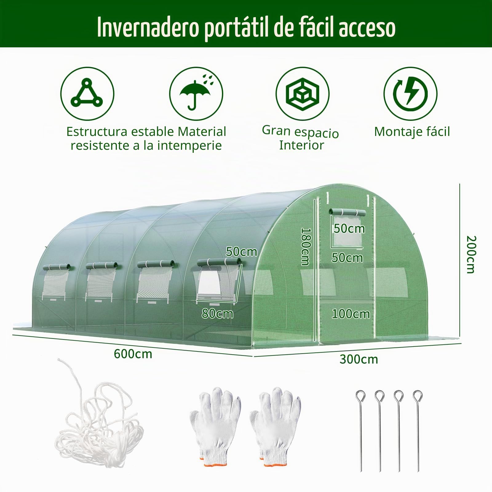 RELAX4LIFE Invernadero de jardín, 18 m², Invernadero túnel de jardín 6x3x2m con Marco de Acero galvanizado, 2 Puertas y 10 Ventanas enrollables, Funda de PE para Verduras, Frutas, Flores