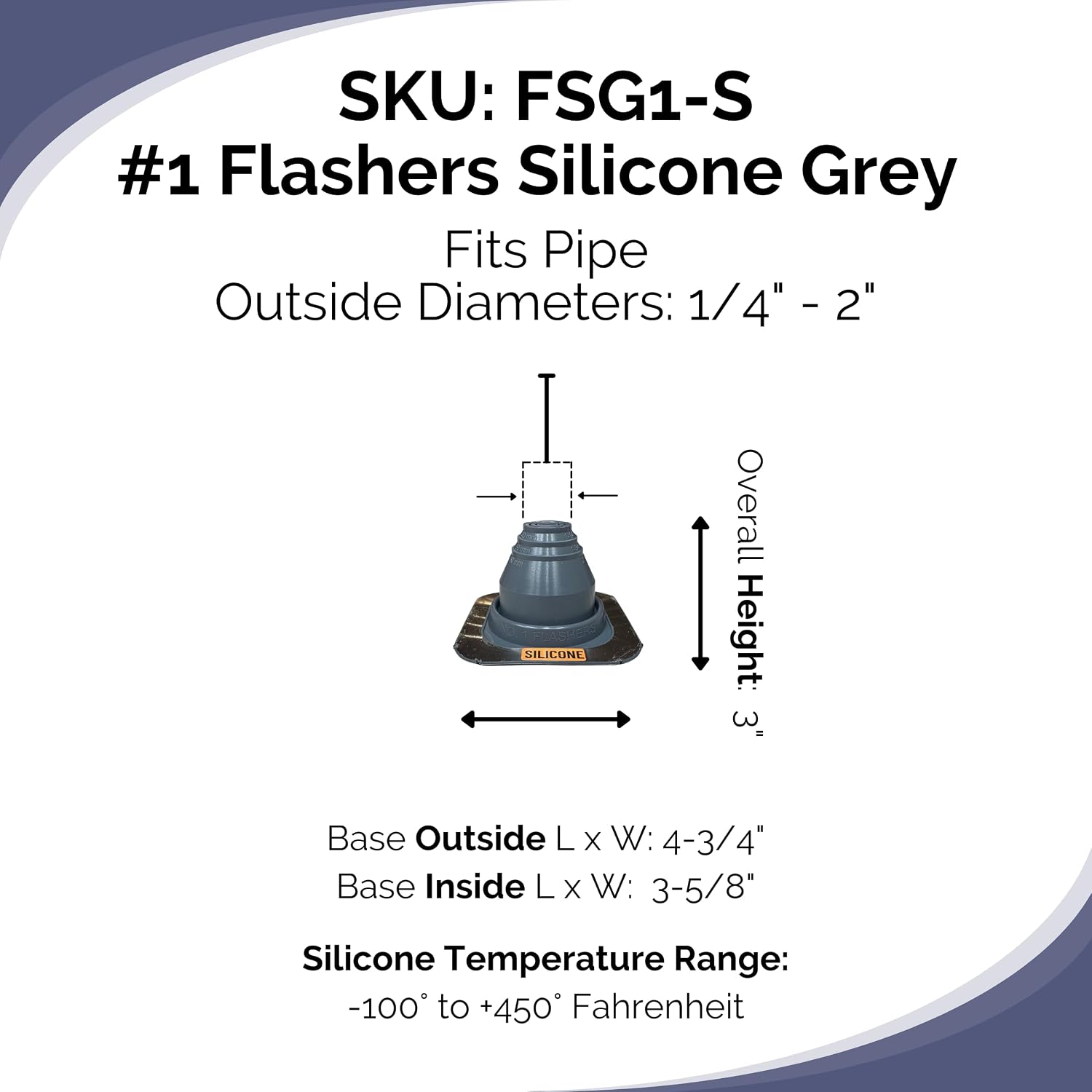 Flashers #1 Silicone Grey Square High-Temperature Flexible Roof Jack Pipe Boot Metal Roofing Pipe Flashing (Fits Pipe OD 1/4" to 2") - 100% Made in The USA