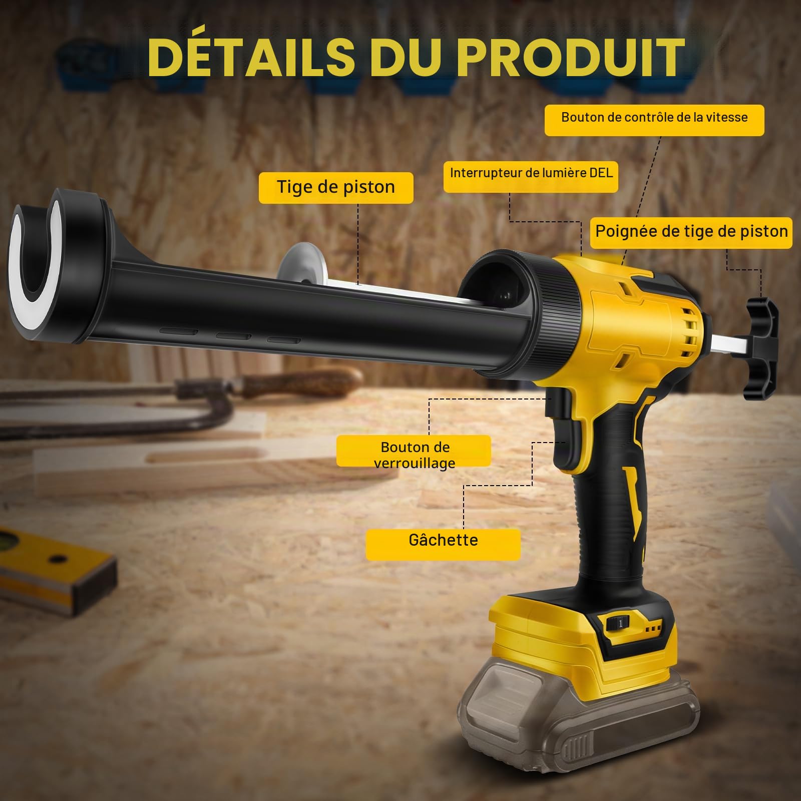 Pistolet à calfeutrer sans fil avec LED pour Dewalt 21V (sans batterie) | Pistolet à mastic électrique, 6 vitesses, affichage numérique, pour cartouche 10oz/300ml