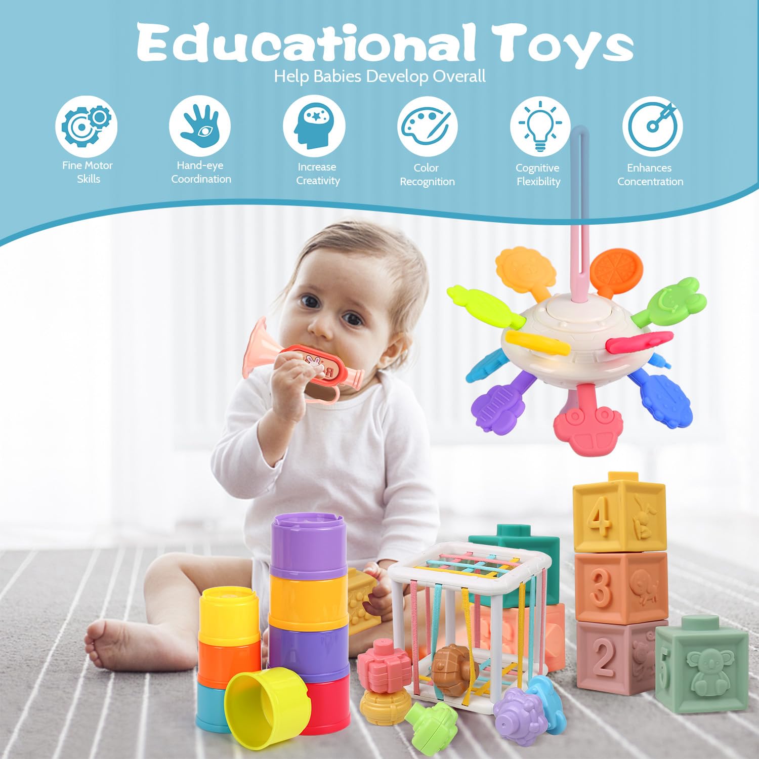 Giochi Neonato 6-9 Mesi, Giochi Montessori 8 in 1, Giocattoli Bambini Sensoriali per Neonati, Blocchi Impilabili, Libri Sensoriali Bambini, UIova da Abbinare, Giochini Regalo 3 6 9 12 Mesi 1 2 3 Anno