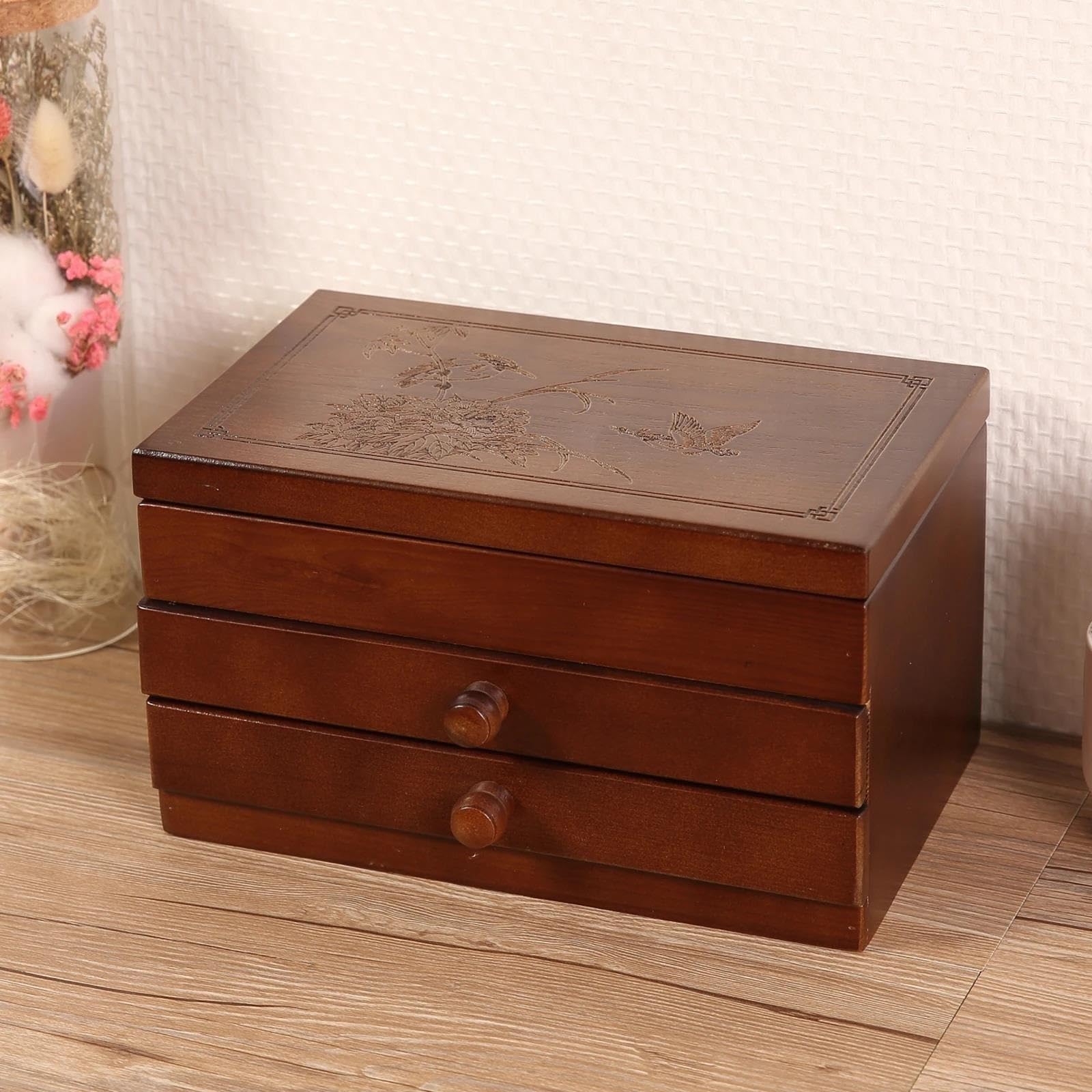 Halsketten Organizer 3 Ebenen Holzschmuck Aufbewahrungsbox Uhren Ohrringe Halsketten Ringe Behälter mit Schubladen und Spiegel Arbeitsplatten Schmuck Aufbewahrung Ohrring Juwelierschachtel Halskette