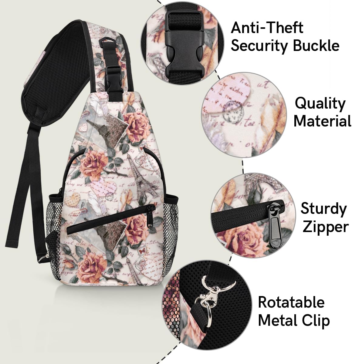 Rose Paris Tower Letter Sling Backpack for Women Men Waterproof Antitheft Chest Bag Lightweight Travel Crossbody Shoulder Bag for Shopping Outdoor Leisure Sports Mountaineering Riding