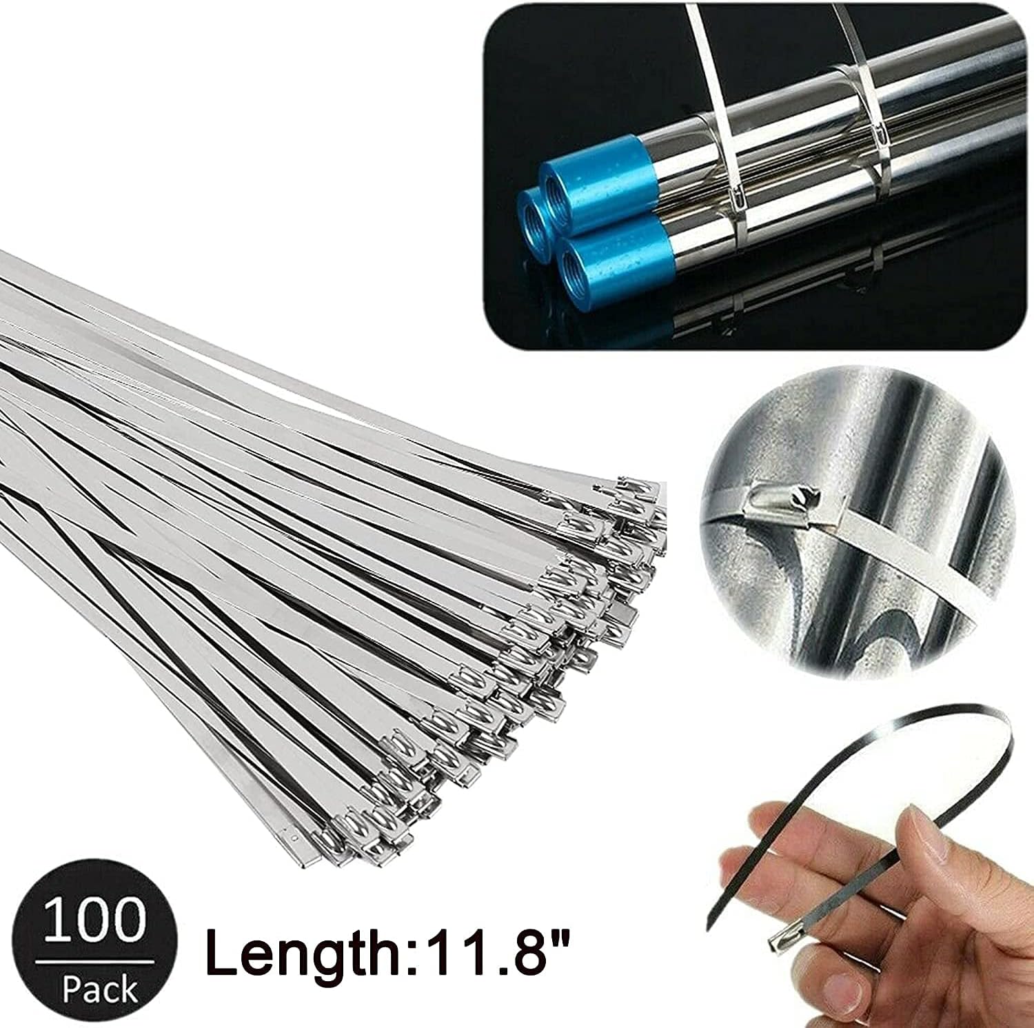 Stainless Steel Cable Ties, Deecam 100 Pcs 4.6×300mm Metal Cable Tie, 304 Stainless Zip Ties with Steel Ball Stopper - Image 3