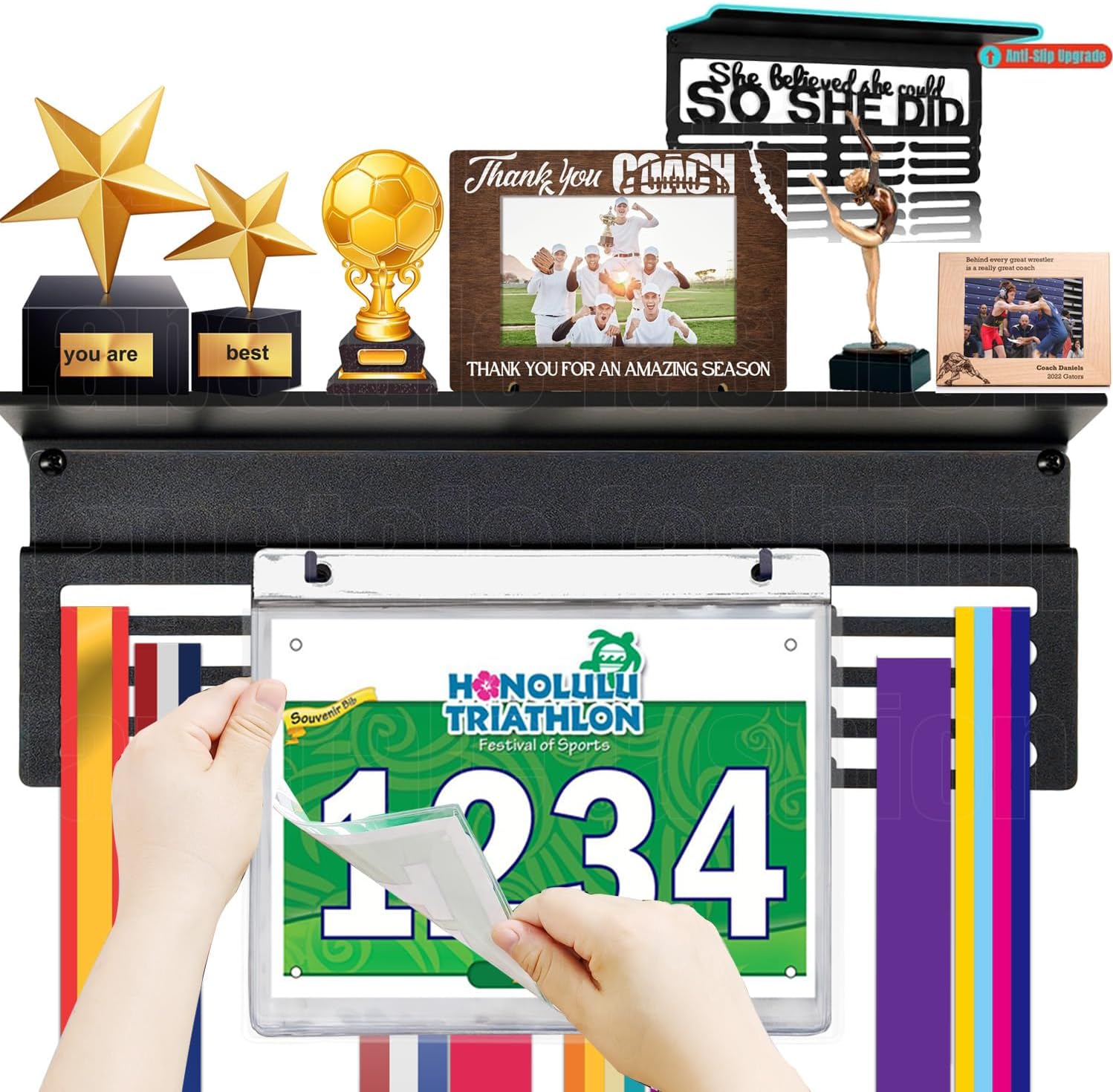 Non-Slip Medal Hanger Display with Shelf - 16" Length with 5" Width,Shelf Board 4" Width, Trophy Shelf for Wall,Gymnasty,Soccer, Swim,Marathon...