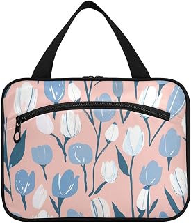 Blå och vita tulpaner pastell hängande väska för kvinnor med krok designer söt sminkväska för Essentials kvinnor toalett cartera para maquillaje, Blå och vita tulpaner pastell, M, ledig