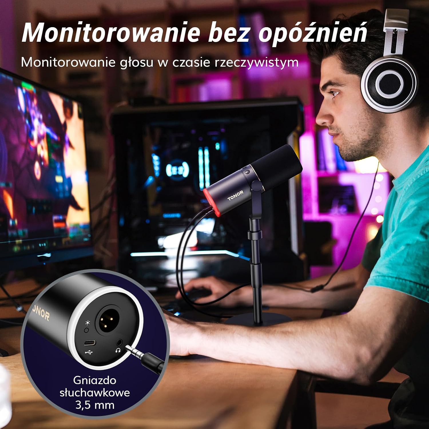 Mikrofon do gier TONOR XLR USB mikrofon dynamiczny do nagrywania podcastów z podświetleniem RGB przycisk wyciszenia gniazdo słuchawkowe statyw metalowy mikrofon do PC Mac Android PS4 5 TD520S