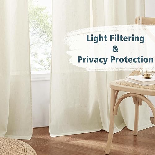 Miniatura 3 de Cortinas de lino natural para sala de estar, 2 paneles de 84 pulgadas de largo, bolsillo para barra, pestañas traslúcidas, cortinas