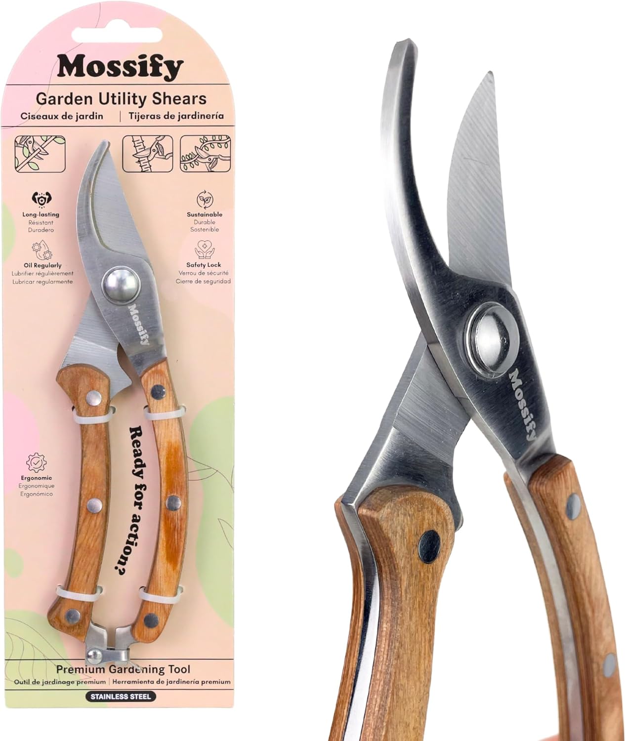 Mossify Garden Shears 8” – Premium Stainless Steel Pruning Shears for Gardening with Wooden Handle – Hand Pruners, Plant Clippers & Garden Scissors – Sharp Garden Tool for Left & Right Hand Use