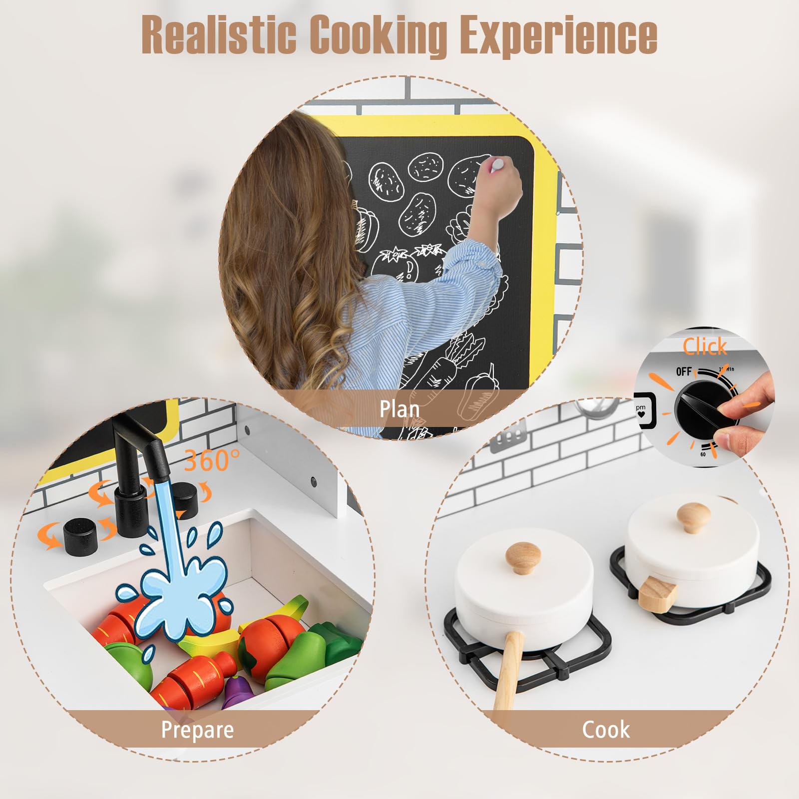 Costzon Kids Kitchen Playset, Wooden Farmhouse Pretend Play Kitchen with Blackboard, Stoves, Sink & Faucet, Storage Cabinet, Toy Kitchen Set for Toddlers, Gift for Boys & Girls Age 3+