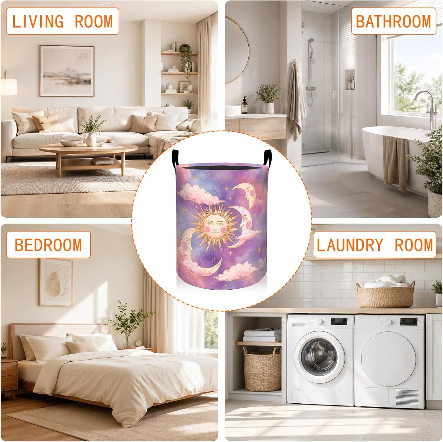 Sun and Moon Laundry Basket, Cloud Star Sky Purple Pink Oxford Cloth Dirty Clothes Collapsible Hamper for Room Decor, Celestial Gifts, Toy Organizer 19.7 x 15.7 Inches for Bedroom Bathroom Dorm image 5