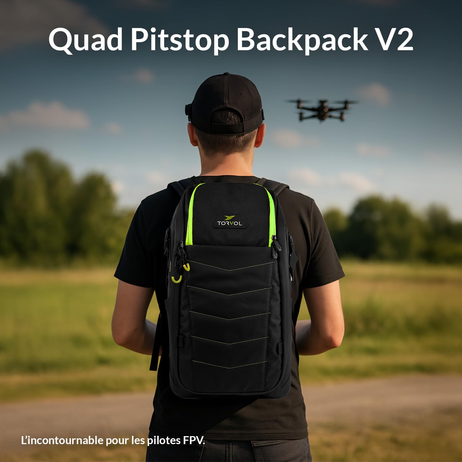 Torvol - Quad PITSTOP Backpack V2, 26L, Sac à dos drone fpv, Transport 2 quads + accessoires, drone dji mini 4k, batterie dji mini 3, pc portable 15 pouces, sac a dos voyage cabine avion, Noir & vert.
