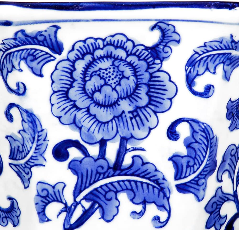 T2 Concept 100% Porcelain D10x6 Traditional Oriental Blue and White Decorative Bowl Floral Pattern Hand Painted For Formal Dining Room Living Room Bedroom