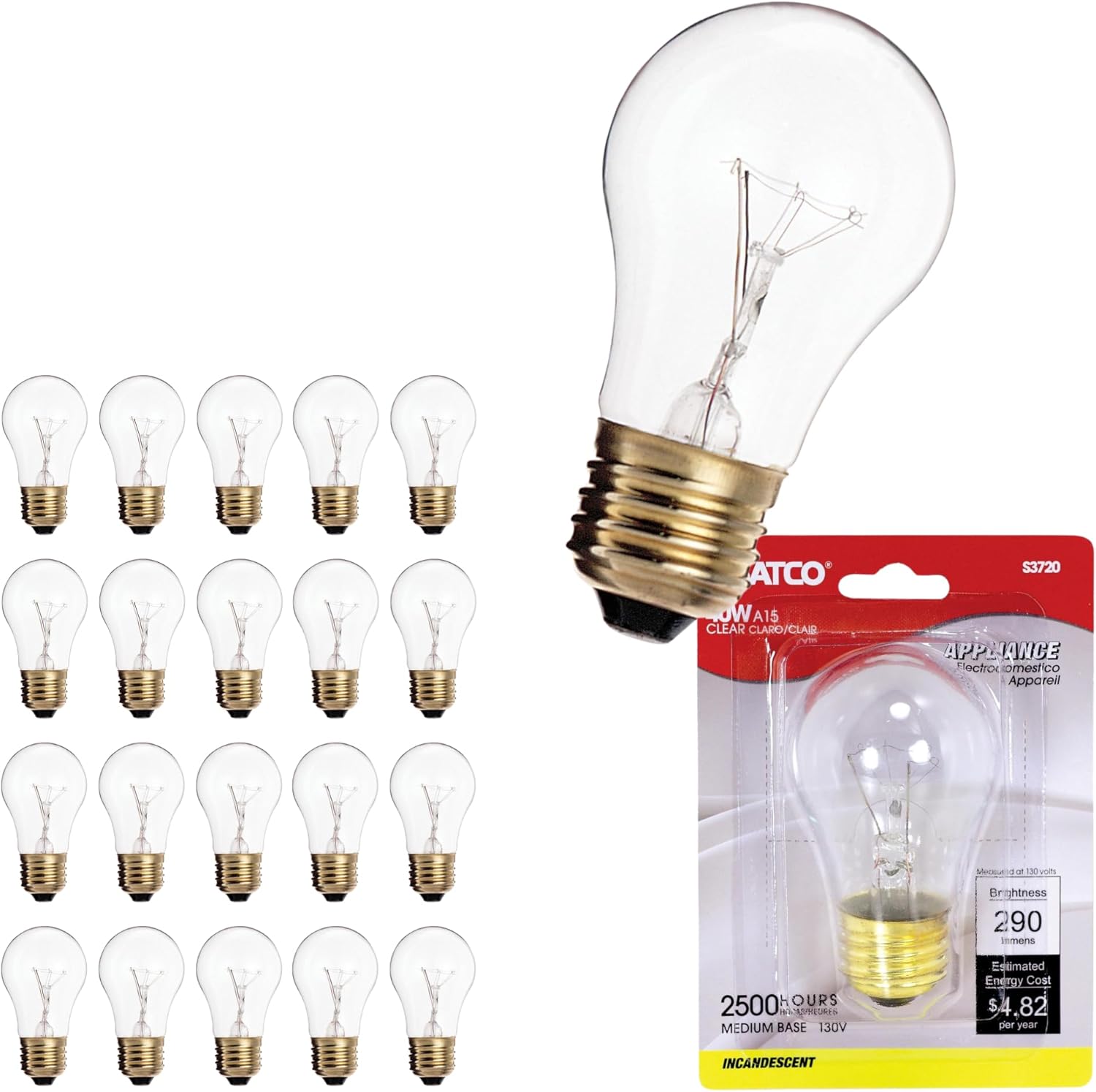 Satco S3720 A15 Incandescent Appliance Bulb, 40W, 130V/120V, E26 Medium Base, Clear Finish, Dimmable, 2500H Lifespan, 2700K Warm White, 300/225 Lumens Refrigerators, Sewing Machines, Fans (20 Pack)