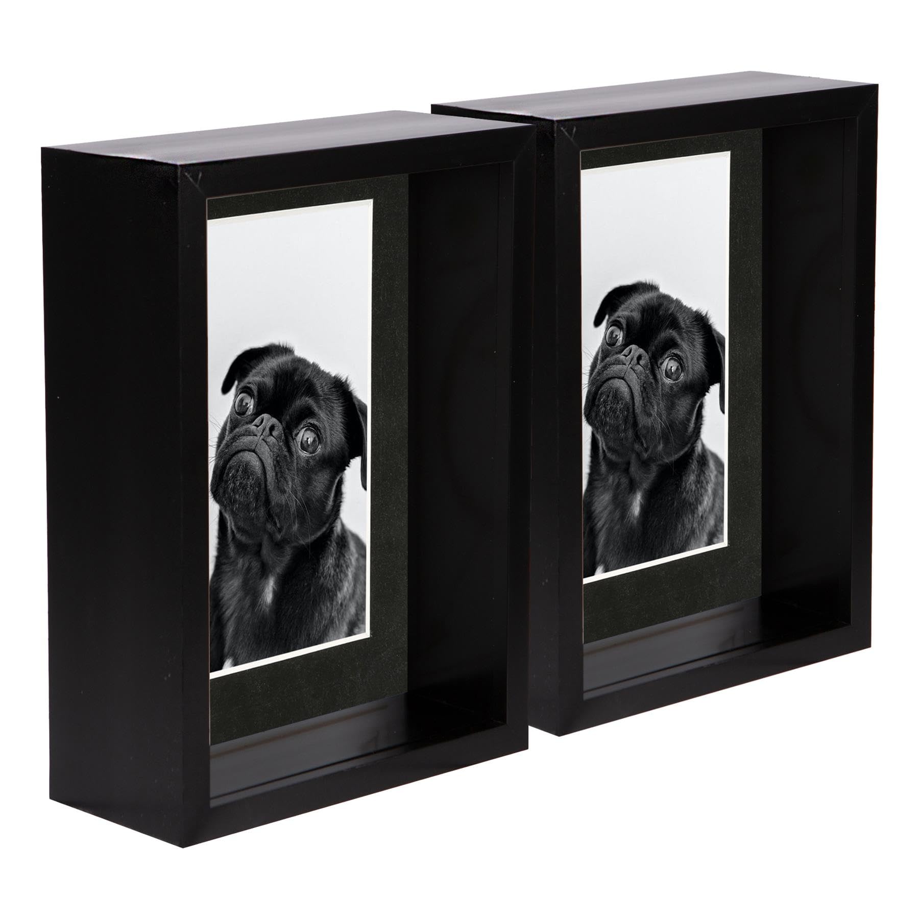 Nicola Spring 2x Black 5 x 7 inch 3D Deep Box Wooden Photo Frames with Black 4 x 6 inch Mount - Standing Hanging Craft Shadow Memory Picture Display Case for Flowers Crafts Art Medal