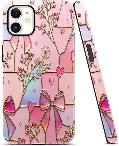 Aoldimu Pink Flower Bow Stained Glass Phone Case for iPhone 11 Case Cute Girly D