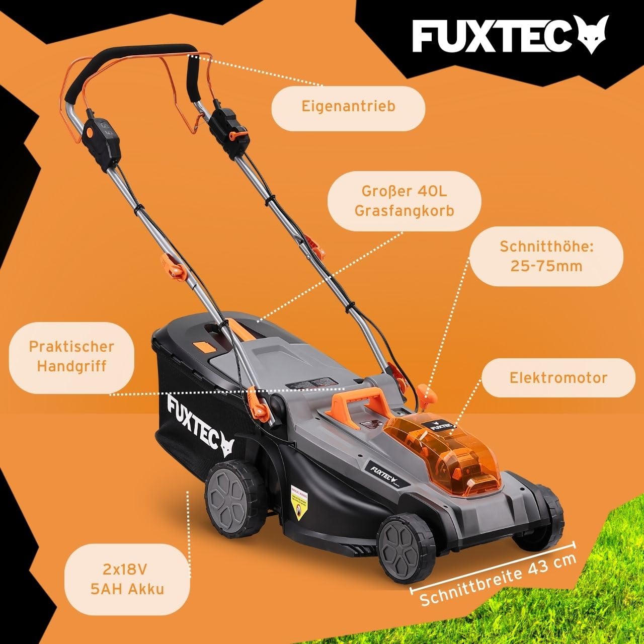 FUXTEC 40V Akku Rasenmäher FX-E2RM43PRO • AkkuMäher mit Akku & Ladegerät • 43 cm • FlexSpeed Variable Geschwindigkeit • Radantrieb • Schnitthöhenverstellung • Grasfangkorb und Mulchfunktion