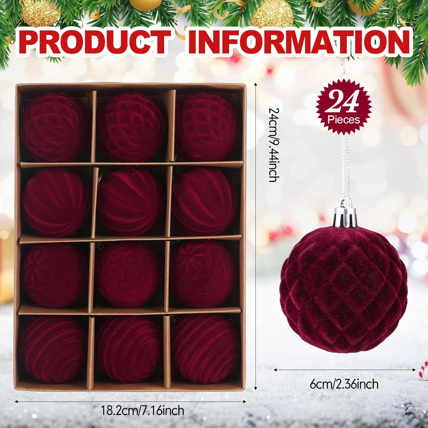 Vinsot 24 Pcs Khaki and Burgundy Velvet Christmas Ornaments Balls 2.36 Inch Flocked Christmas Tree Ball Hanging Ornaments Velvet Xmas Baubles for Xmas Party Wedding Home Decor