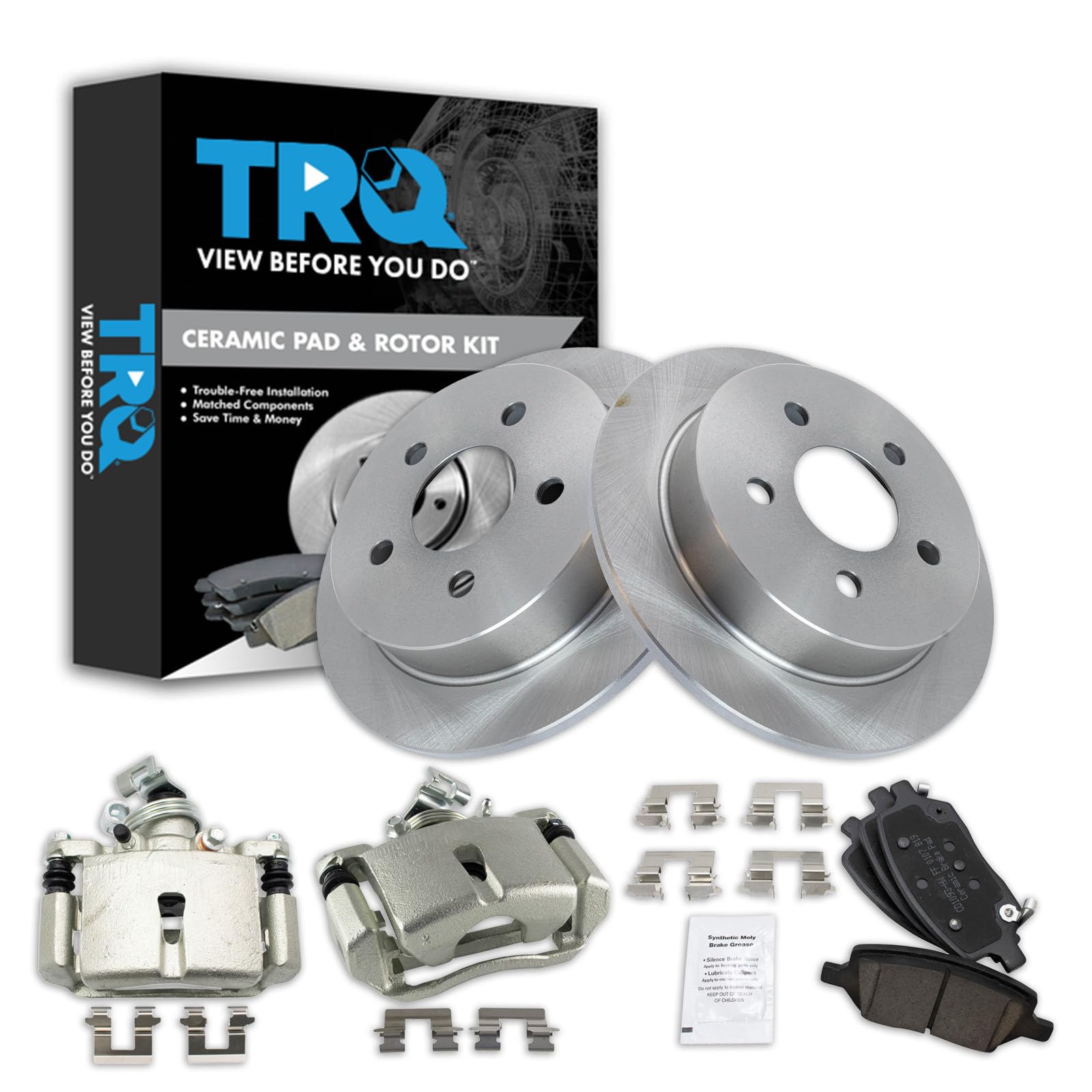 TRQ Rear Brake Pad and Rotor Set Ceramic Rotors Calipers Compatible with 2005 Pontiac Montana