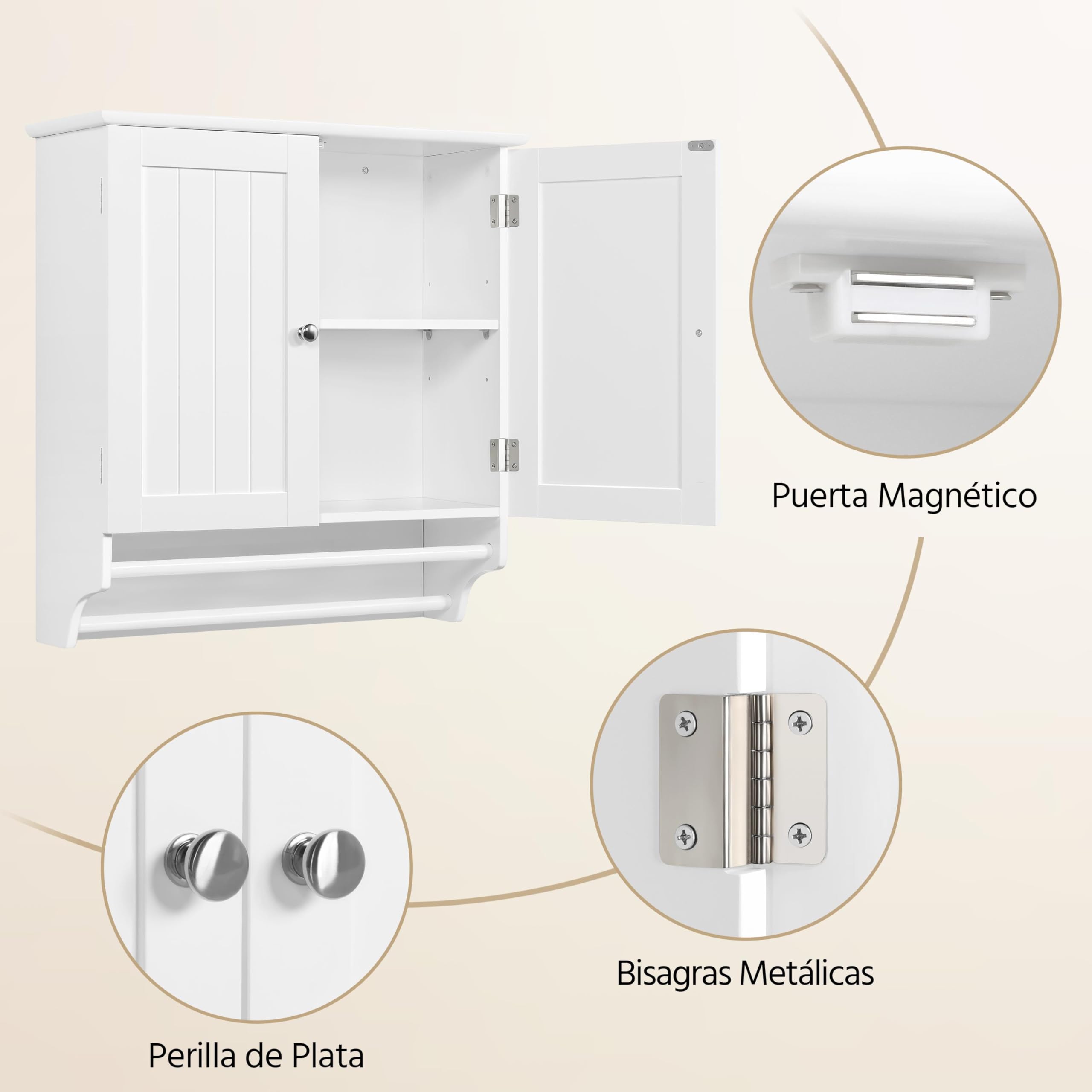 Yaheetech Armario Baño Pared Armario Cocina Colgante con Toallero 60,5x22,5x64 cm Mueble Baño Suspendido de Madera Blanco