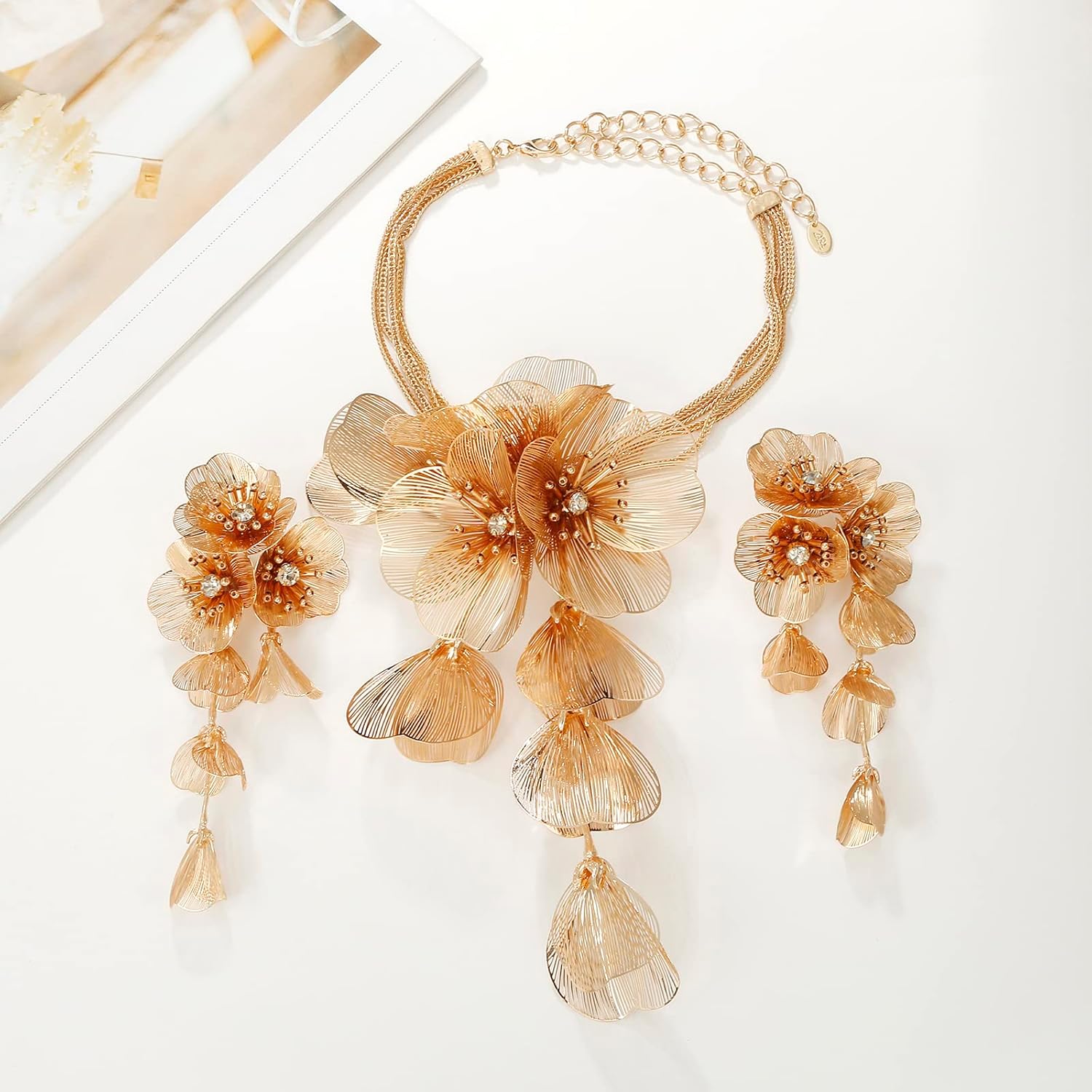 LUREME Big Golden Layered Floral Statement Necklace,Flower Dangle Earrings Boho Layered Floral Petal Drop Earrings for Women(st000802)