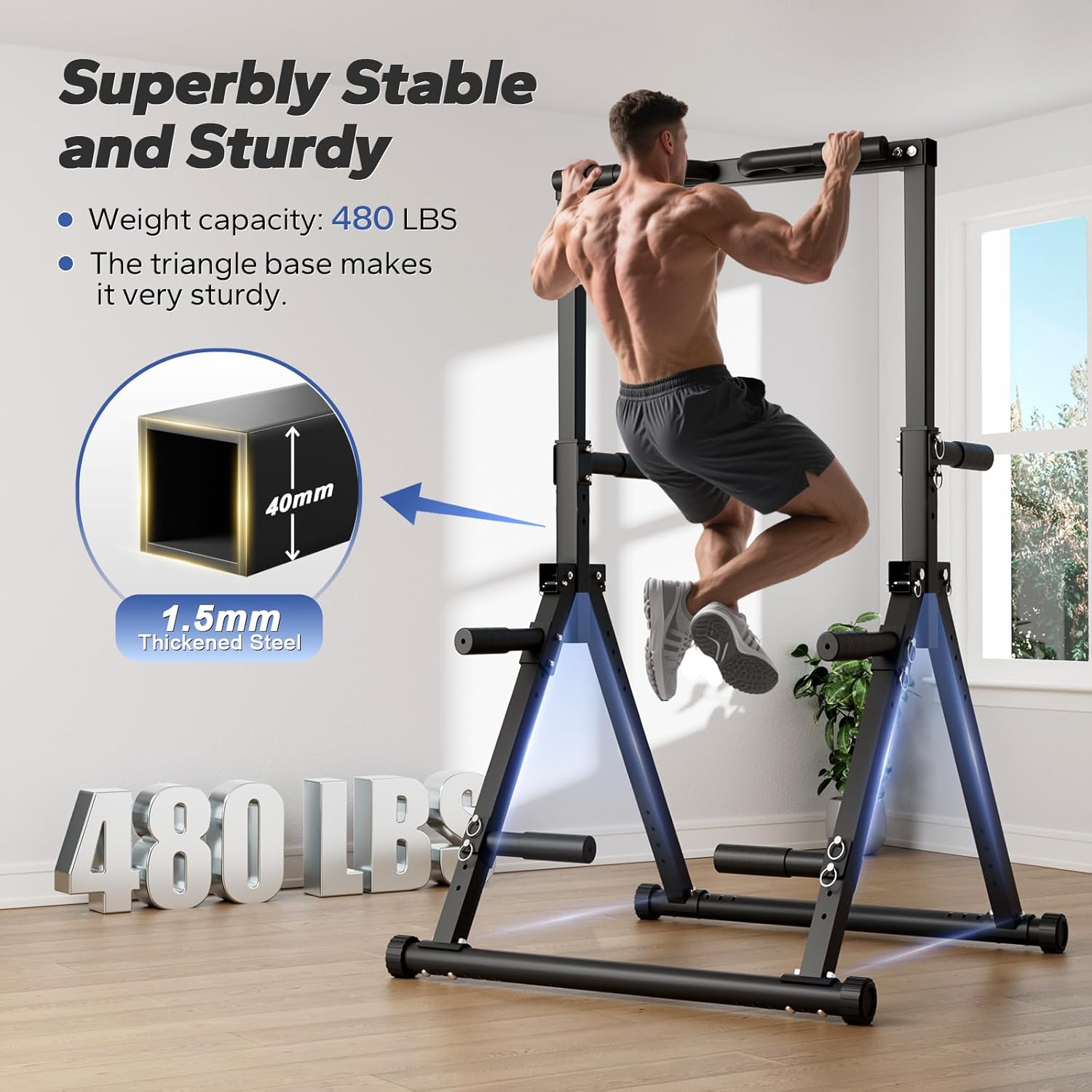 Foldable Pull Up Bar Free Standing, Strength Training Pull-up Bars Adjustable Pull Up Station, Power Tower Pull Up Bar MultiFunction Pull Up Dip Station Workout Equipment For Home Gym Support 480 LBS