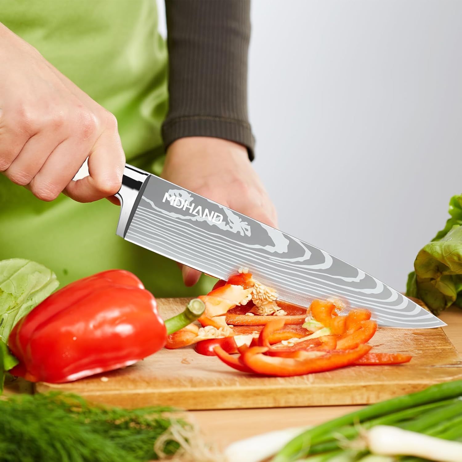 MDHAND Professional Chef Knife Set with Roll Bag, 9PCS Japanese Kitchen Knife Set with Sharpener, High Carbon Stainless Steel Kitchen Knives - Forged Triple Rivet, Dishwasher Safe, Chef Gifts, White - Image 6