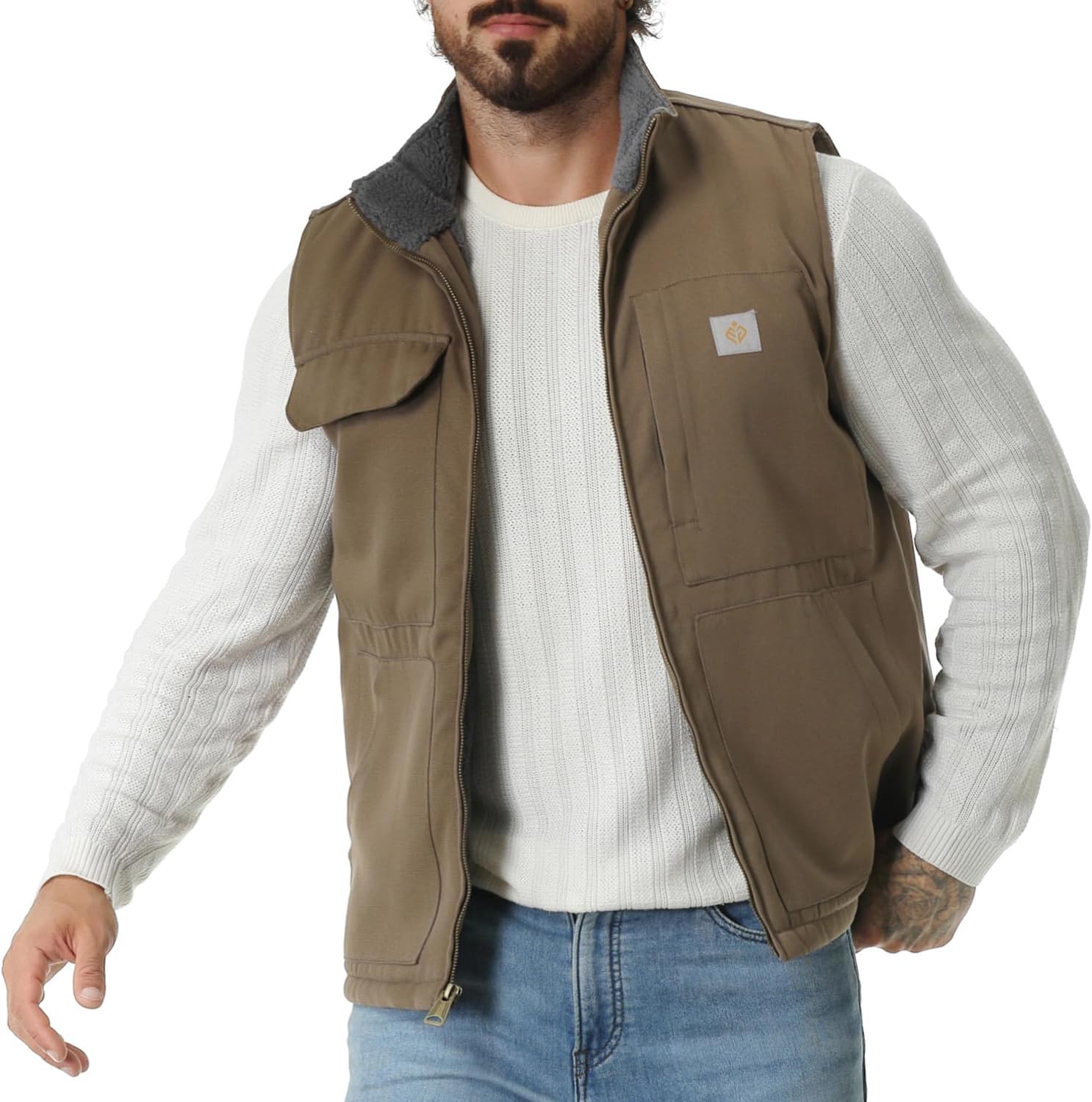 Men's Loose Fit Washed Duck Fleece-Lined Waterproof Workwear Mock-Neck Vest - Image 6