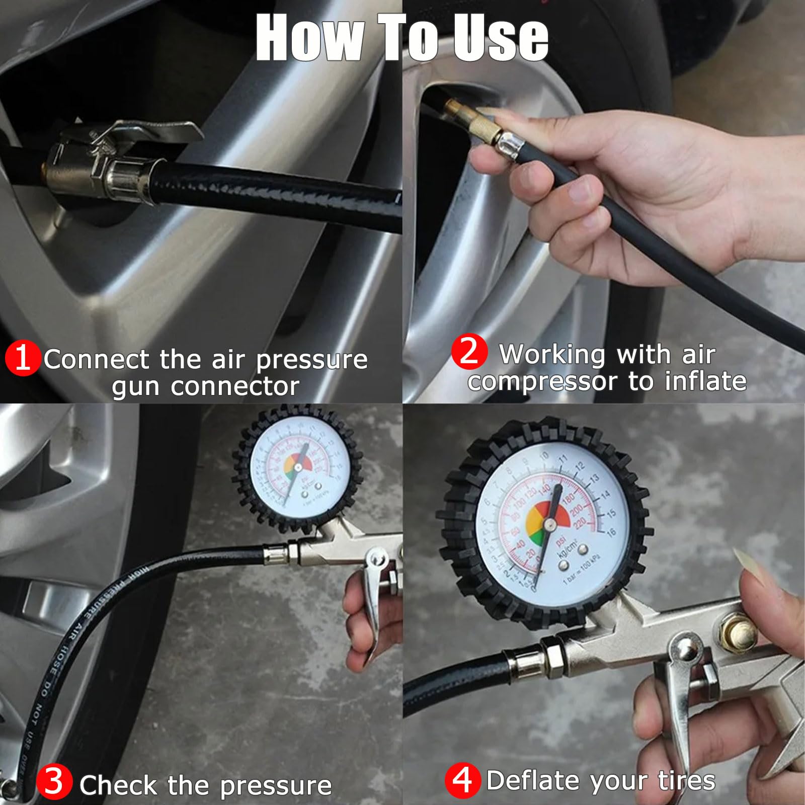 Manometre Pression Pneu, Jauges de Pression Des Pneus, Numérique Manomètre, Pistolet de Gonflage Manomètre, Testeur de Pression Des Pneus, Gonflage Pneu Voiture Avec Ecran LCD pour Voitures Motos