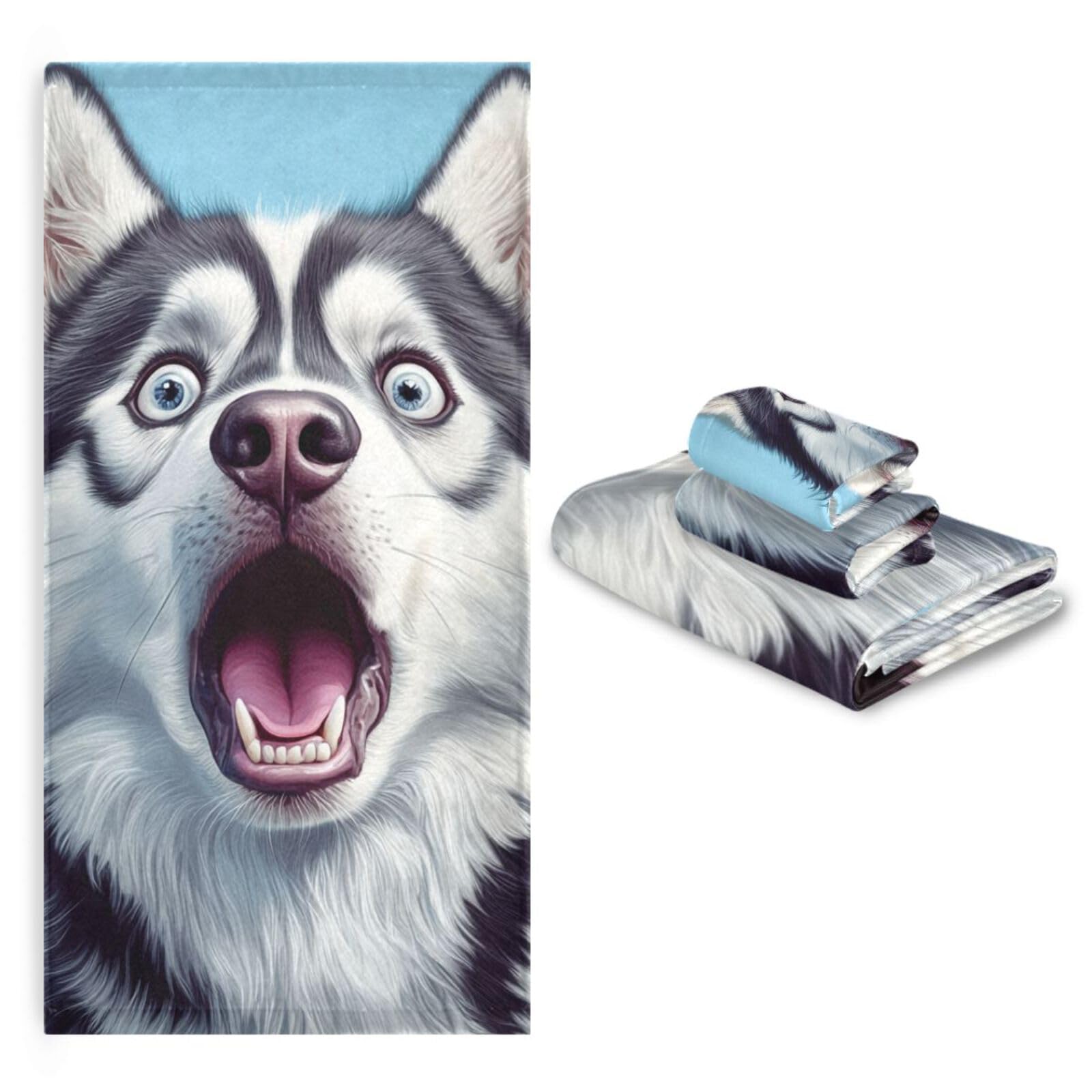 Cartoon Funny Sibirian Husky Dogs Fear Cleaning Face Towels Set, 3-teilig, 1 Badetuch, 1 Handtuch, 1 Waschlappen für Strand, Haare, Gesicht, Fitnessstudio, Schwimmen, Küche