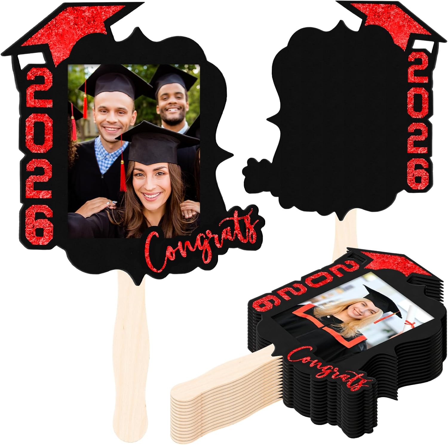 24 Pcs Personalized Graduation Fans Custom Photo Cutout Face Fans with Handle Double Sided Class of 2026 Grad Photo Props Grad Party Supplies Blank DIY Frame for Graduation Party Souvenirs (Gold)