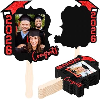 24 Pcs Personalized Graduation Fans Custom Photo Cutout Face Fans with Handle Double Sided Class of 2026 Grad Photo Props Grad Party Supplies Blank DIY Frame for Graduation Party Souvenirs(Red)