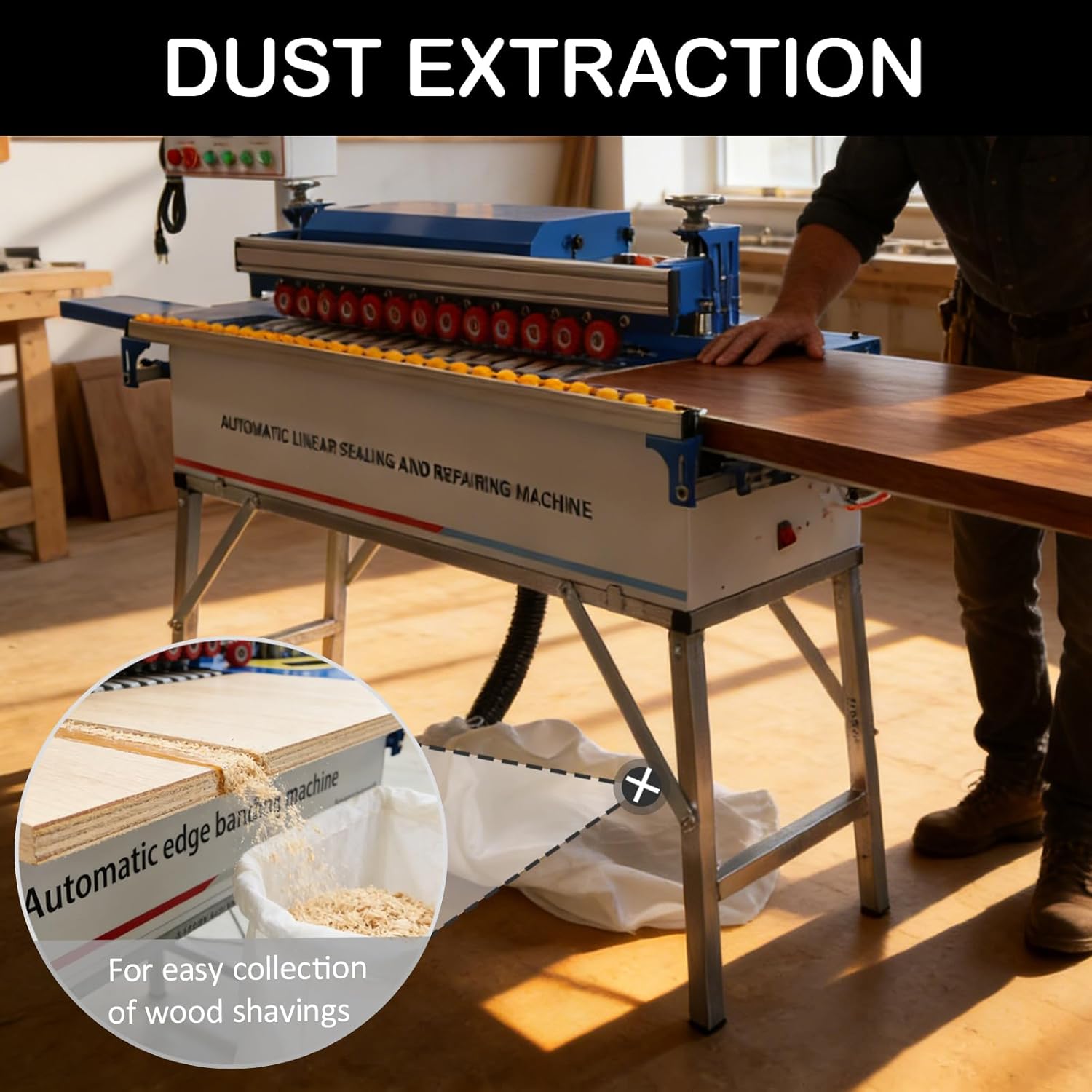 Woodworking Edge Banding Machine Straight Edge Bander Machine with Dust Extraction Function Upper Control Panel Double-Side Gluing Automatic Tape Breaking 110V