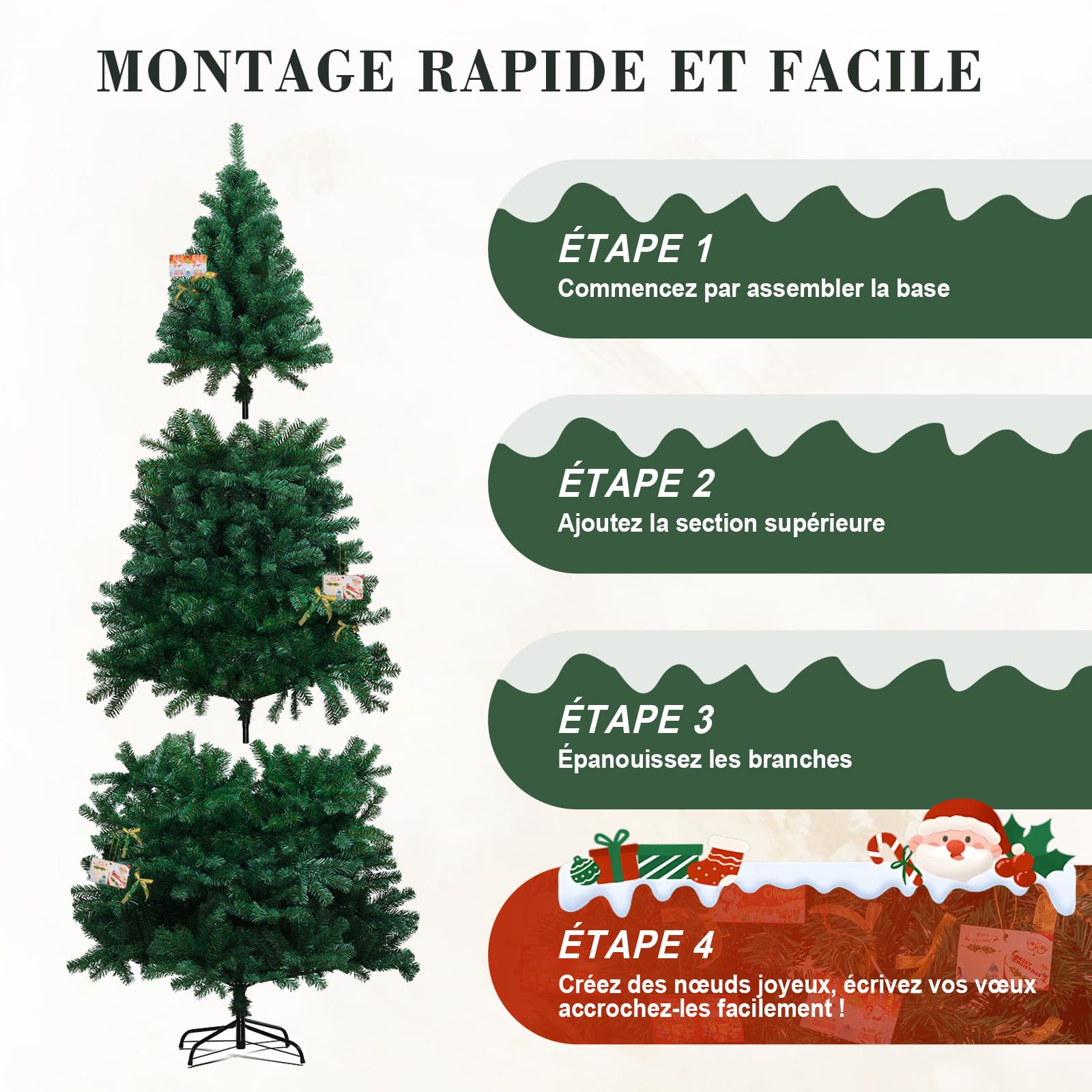 COMHOMA Sapin de Noël Artificiel Haut de Gamme 195cm avec Support - Système de Montage Rapide, Aspect Naturel et Épais - Inclut Cartes DIY et Rubans,Vert