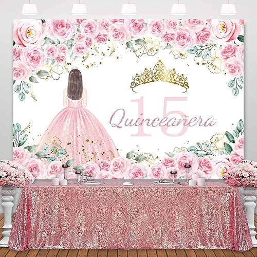 Miniatura 4 de Sensfun Telón de fondo de quinceañera Mis Quince Anos Sweet 15th Birthday Decor Princess Girl Pink Flowers Golden Crown Photography Background for