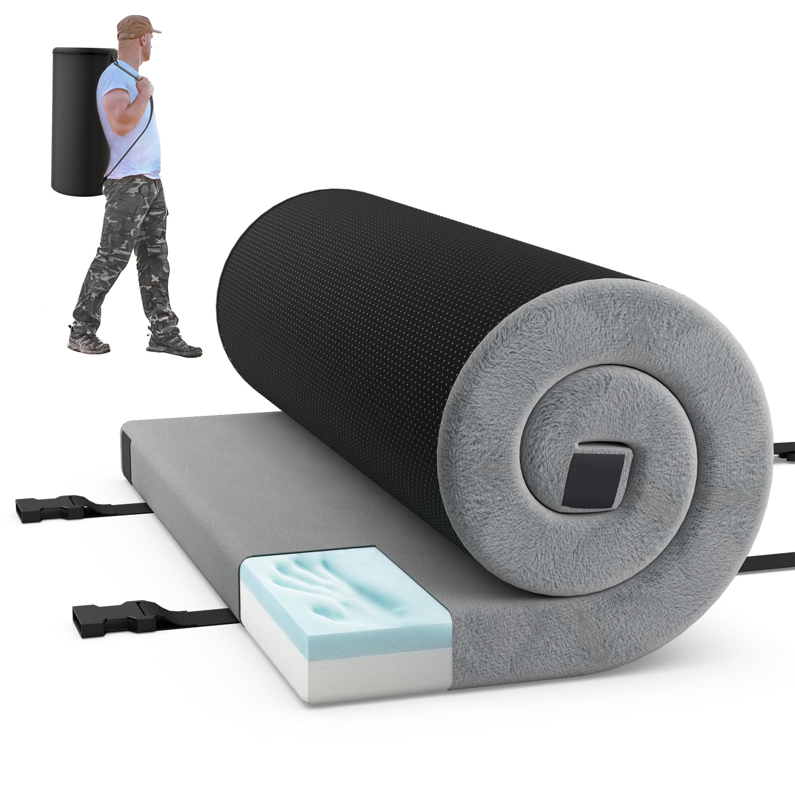 GYMAX Matelas Camping 1/2 Personnes Pliable, Longueur 188cm, Mousse à Mémoire de Forme, Housse Imperméable, Fond Antidérapant, Sangle pour Enroulement, Sac de Transport, pour Voyage, Randonnée