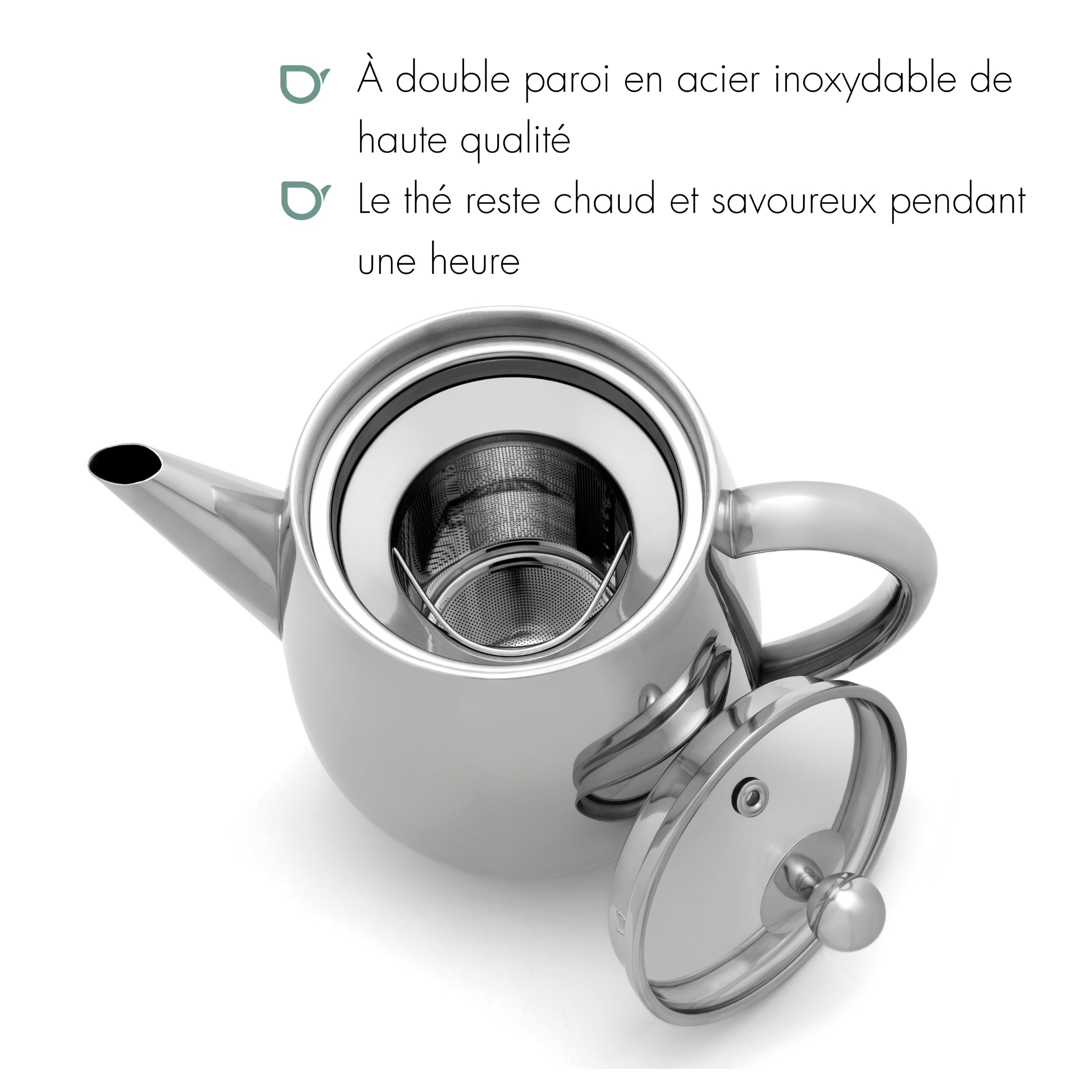 Bredemeijer Theiere Avec Infuseur, Filtre à Thé Inox, 1,1 Litres - Argent | Théière avec Infuseur Double Paroi, Théière Isotherme 1h, Couvercle en Verre, Filtre à Thé et Bec Anti-Goutte
