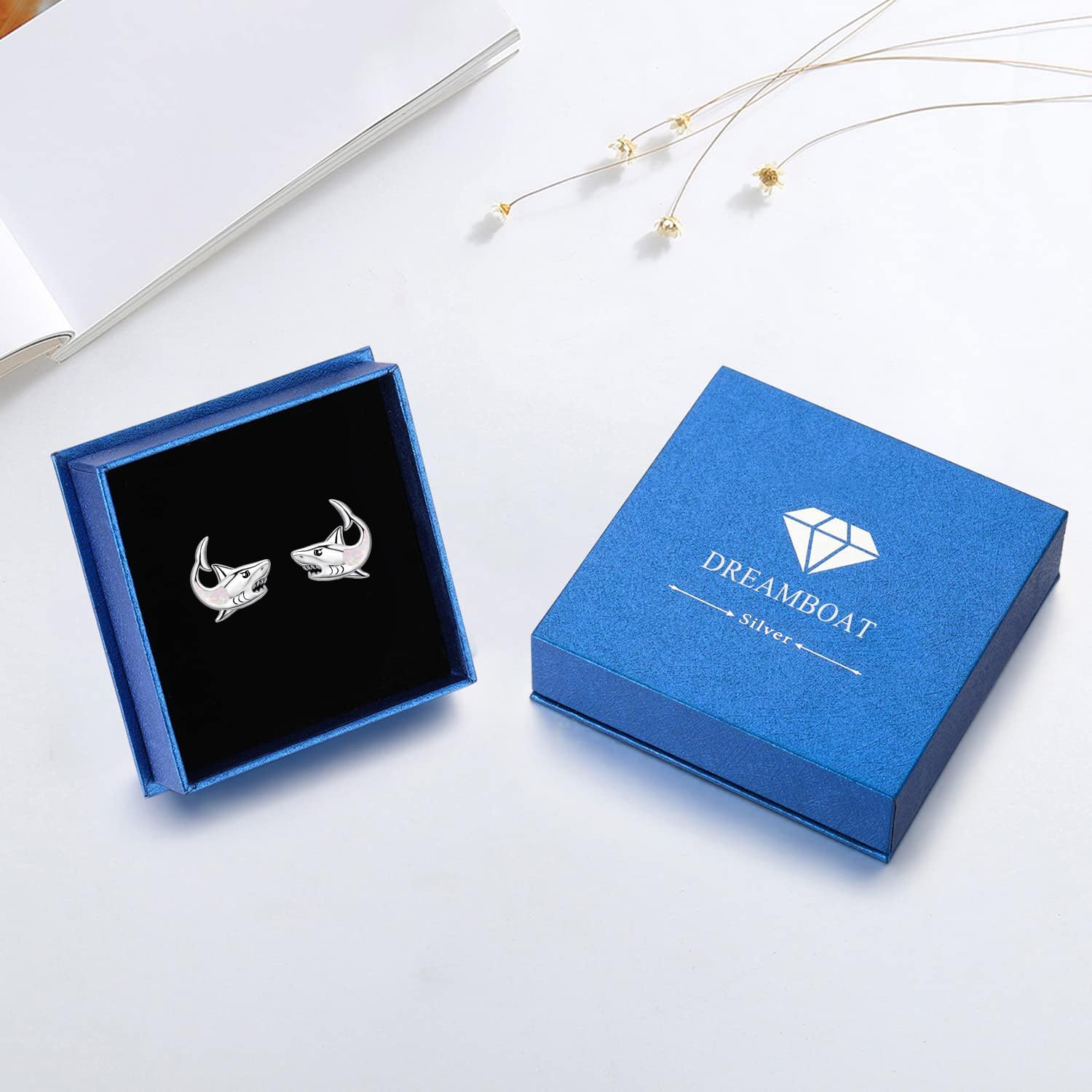 Dreamboat Opal Shark Stud Earrings for Women 925 Sterling Silver Hypoallergenic Ocean Animal Fish Jewelry Christmas Birthday Gifts for Shark Lovers
